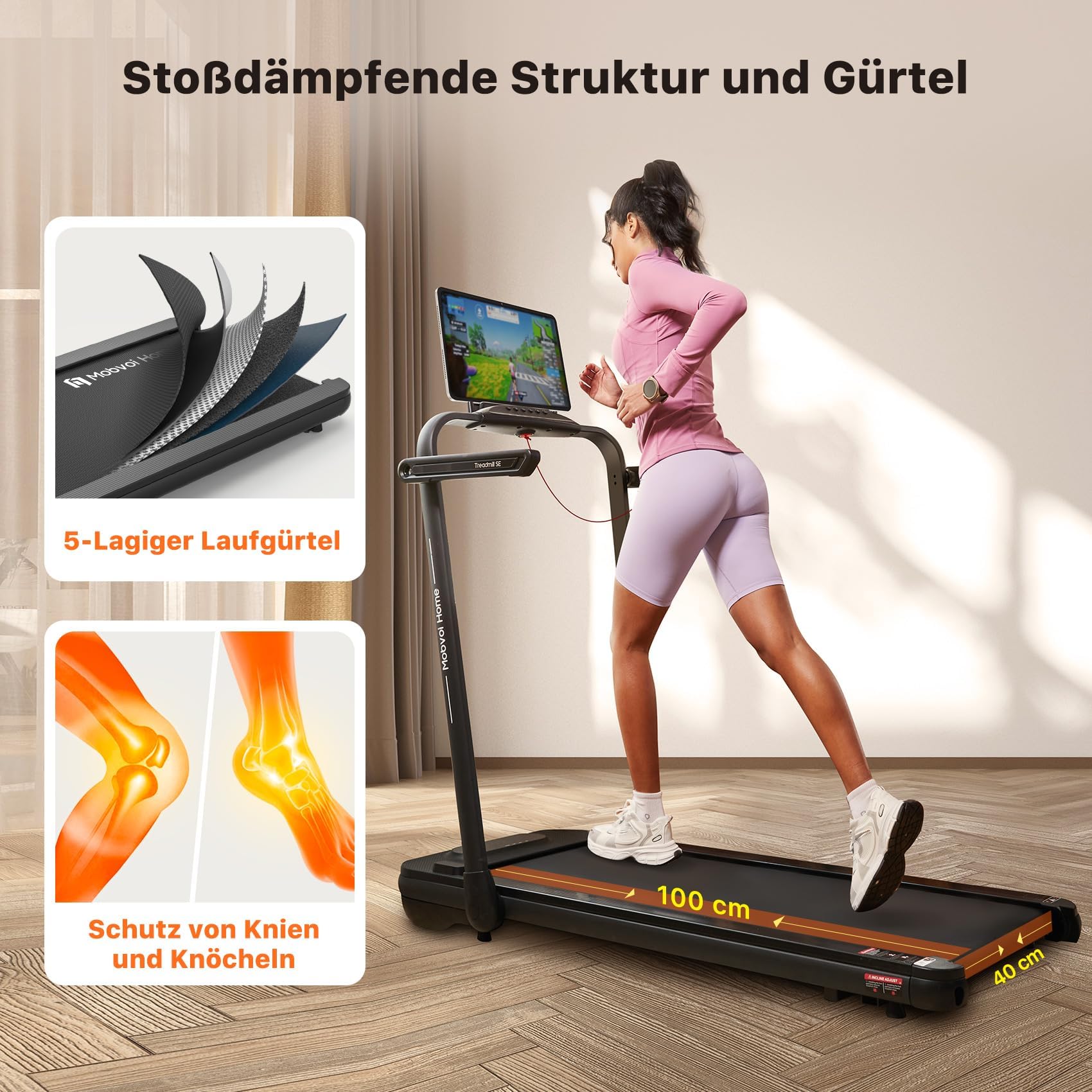 Mobvoi Home Laufband SE, Intelligente KI 3-in-1-Klapplaufband, elektrisches Laufband, 2,5 PS, kompakt tragbar unter dem Schreibtisch, 12 km/h, Fernbedienung, platzsparend, TicSports APP, 120 kg
