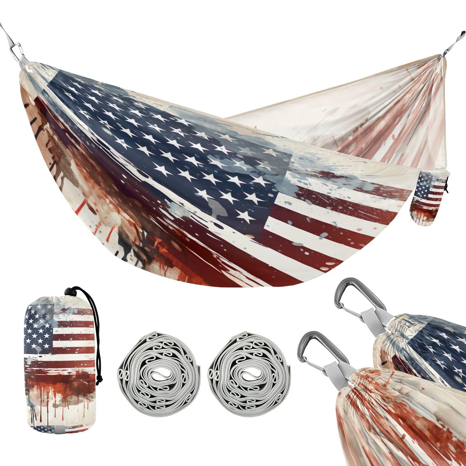 Kigai American Flag Camping Hammock Durable & Portable Travel Hammock Holds 330lbs with Tree Strapsm, Pocket, Camping Accessories
