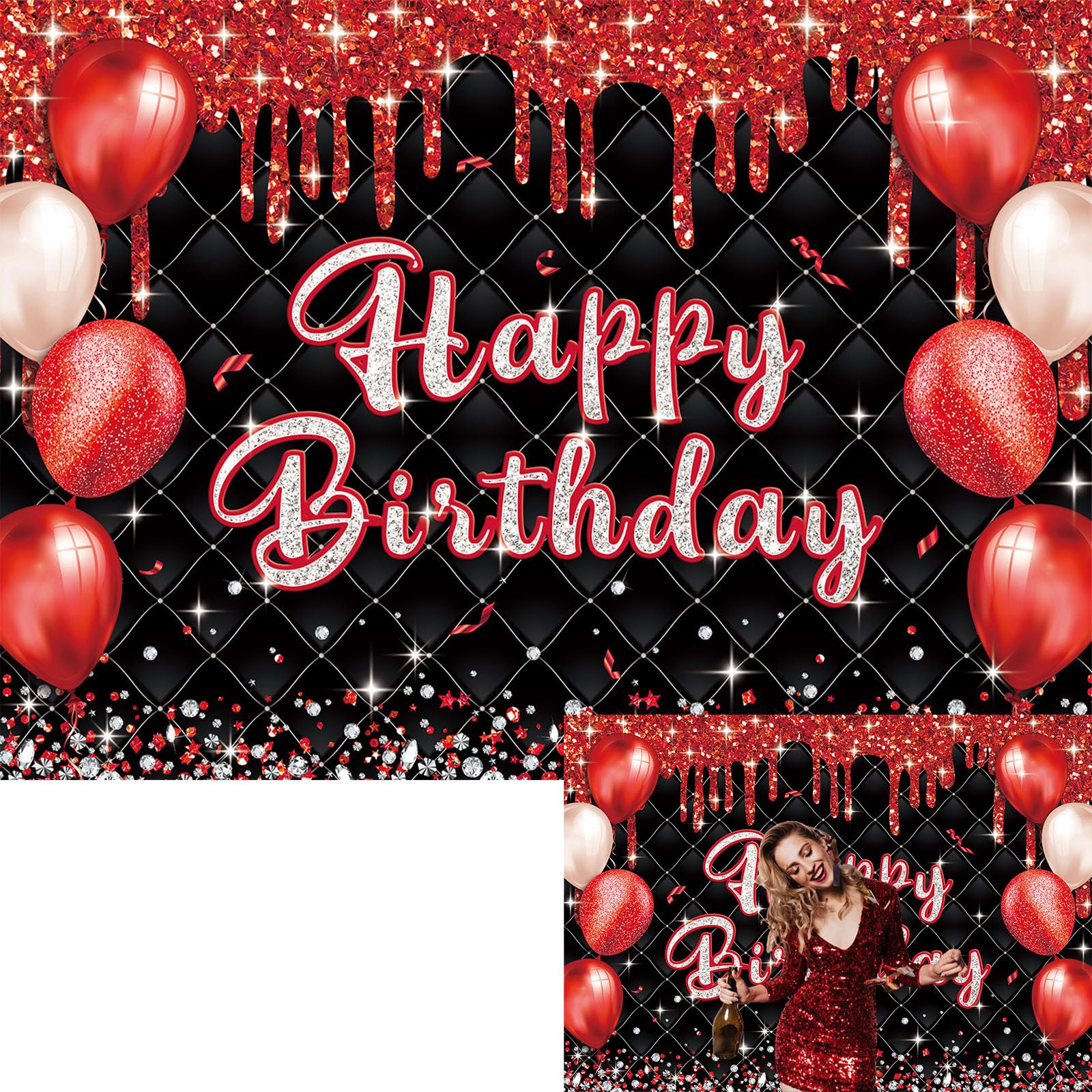 LIANNE 8x6FT Red Black Birthday Backdrop Women Happy Birth Backdrop Sequin Birthday Photography Background Girls Boys Men Anniversary Party Supplies