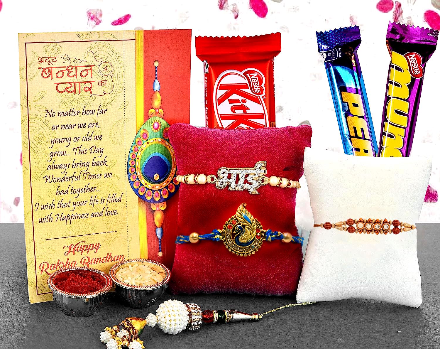 Set of 4 Rakhi for brother with Gift Set Chocolates, Set of 4 Rakhi for brother Combo,Rakhi gift for brother,Rakhi for brother with gift,Greeting Card,Roli, Chawal, Chandan, Misri Combo (B08B11XZTT) Amazon Price History, Amazon Price Tracker