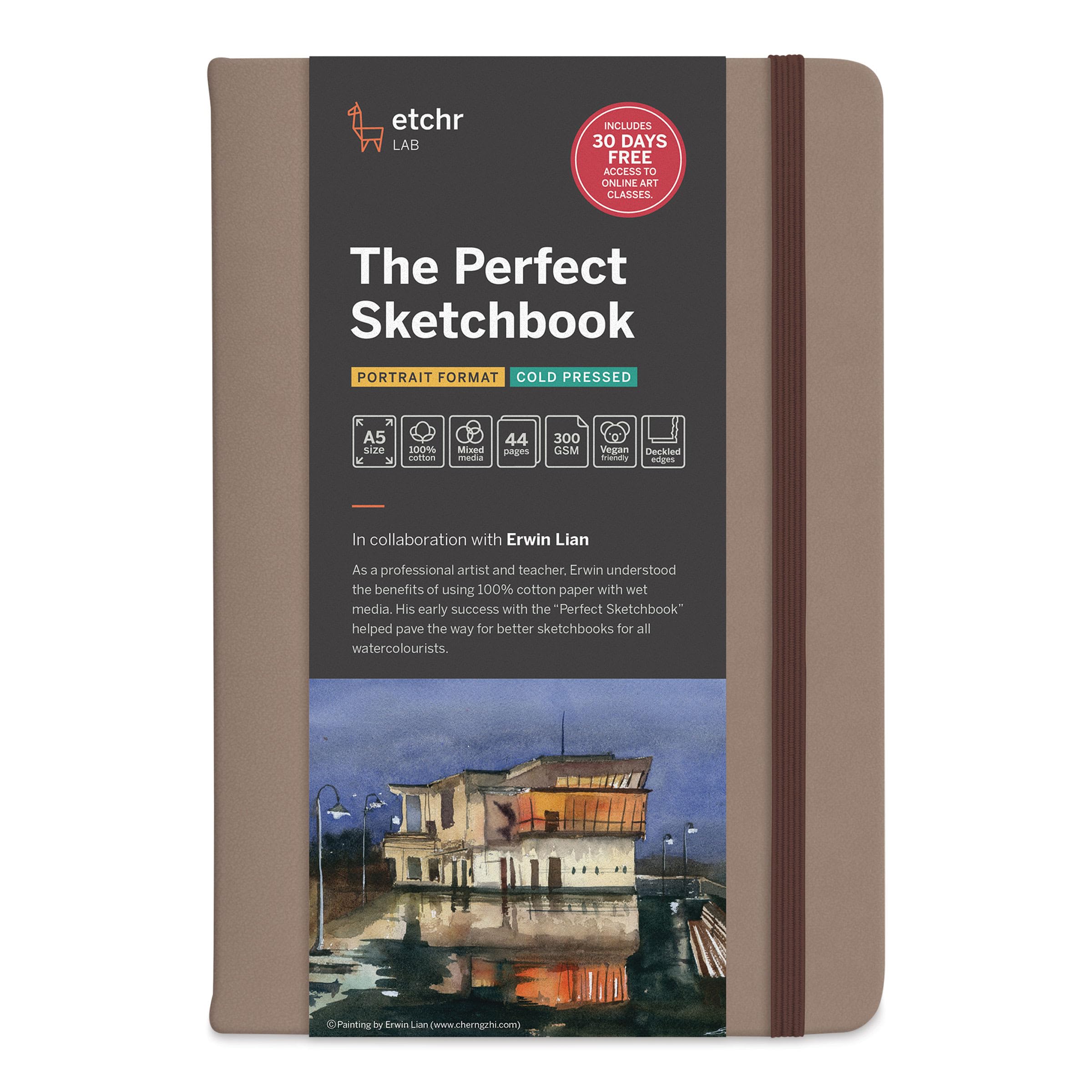 Etchr The Perfect Sketchbook Deckle Edition – Premium 300 g/m² 100 % Baumwolle Kaltpresse, handgedrehte Deckle-Kanten, flache Bindung, veganer Ledereinband (A5 Hochformat, 21,6 x 14,7 cm)