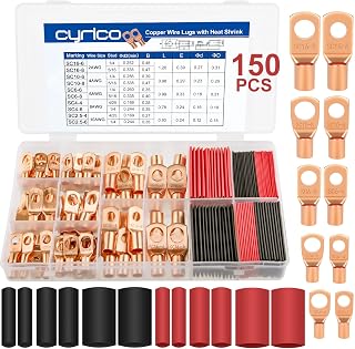 150pcs Battery Cable Ends, Copper Wire Lugs Assortment Kit AWG 2 4 6 8 10 Gauge - 70Pcs Battery Cable Lugs Ring Wire Terminal Connectors and 80Pcs Heat Shrink Tubing Kit for Marine Electrical Supplies
