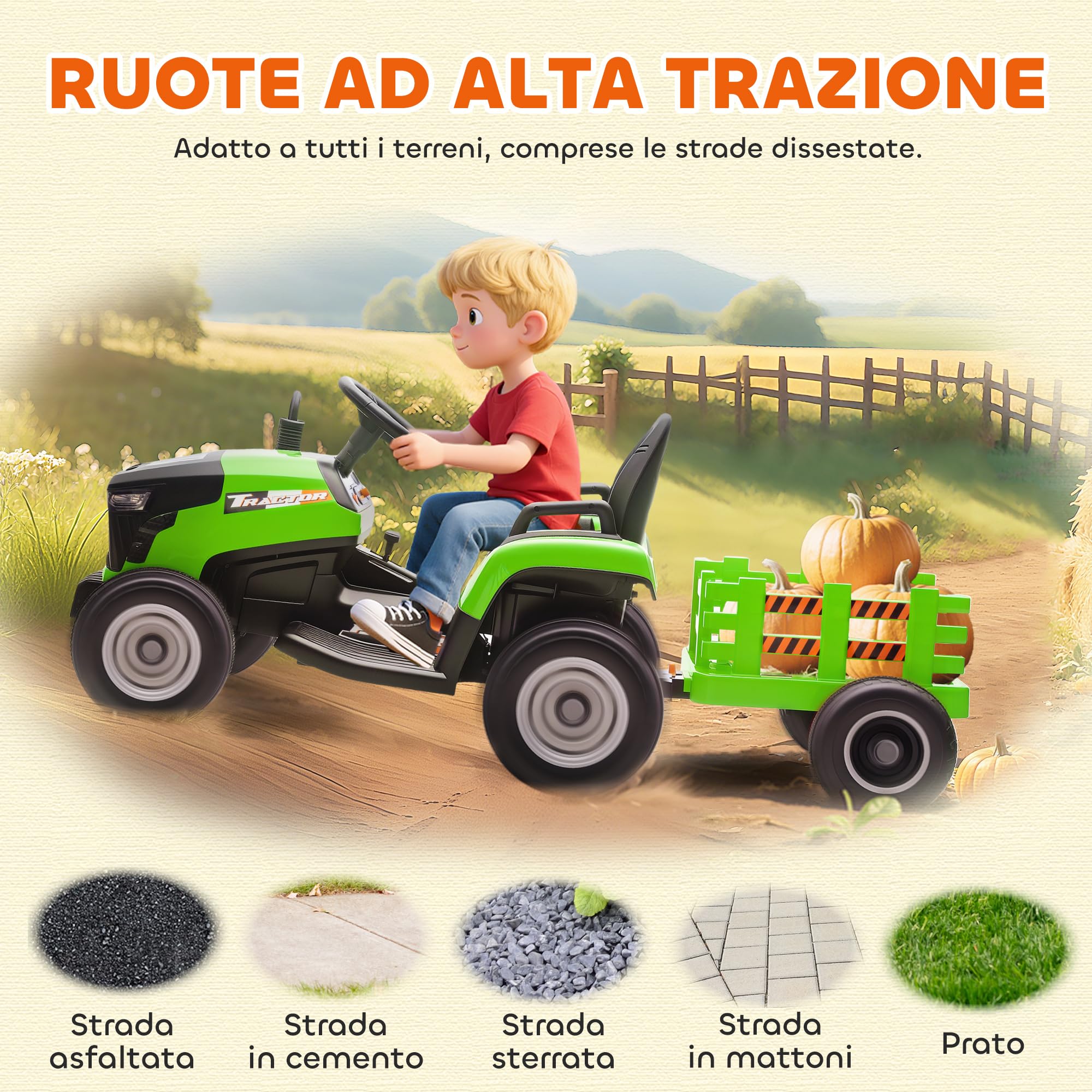 AIYAPLAY 2 in 1 Trattore Elettrico per Bambini 3-8 Anni 12V con Rimorchio Staccabile, Auto Elettrica Cavalcabile per Bambini con Telecomando, Cintura di Sicurezza, Musica, Luci LED e Clacson, Verde