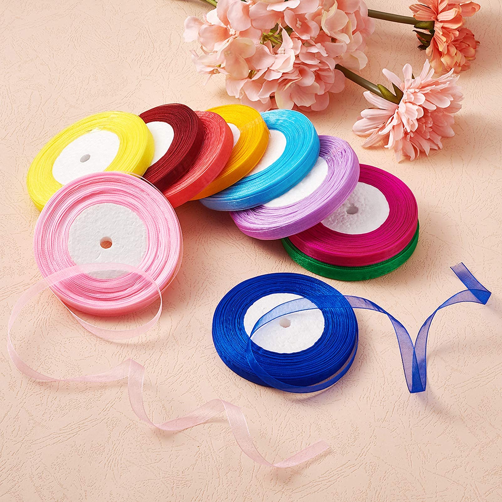 Fashewelry 3/8-Inch Shimmer Sheer Organza Ribbons 500 Yards Mixed Colors Fabric Ribbon Roll 10mm for Party Wedding Present Wrapping