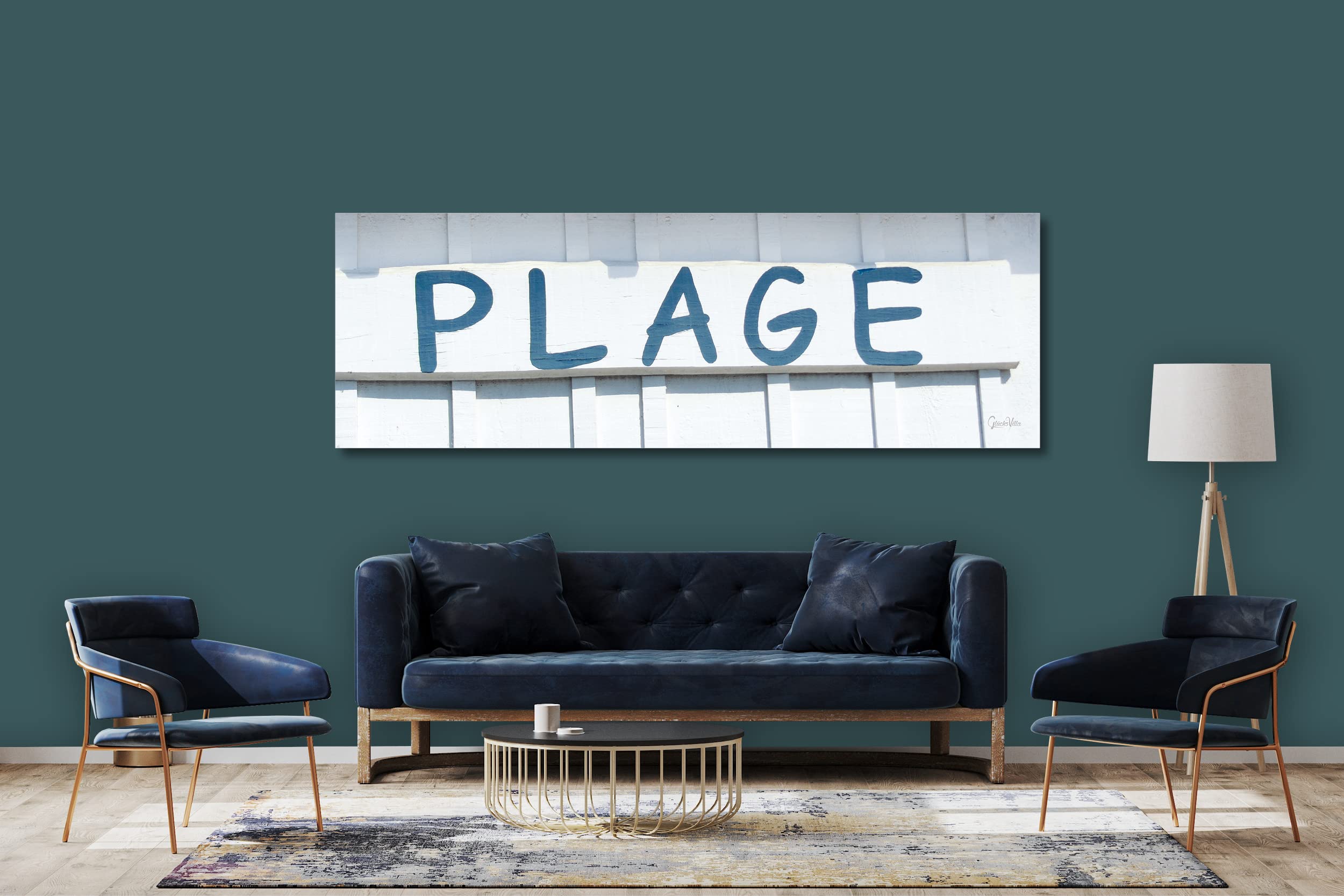 Glücksvilla - Zum Strand (Acrylglas-Bild 5 mm, 60 x 20 cm) | div. Maße - aus DE - Kunstdruck XXL Deko Wandbild quer - Fischerhütte Meer Insel Oleron Hütte Schild Plage