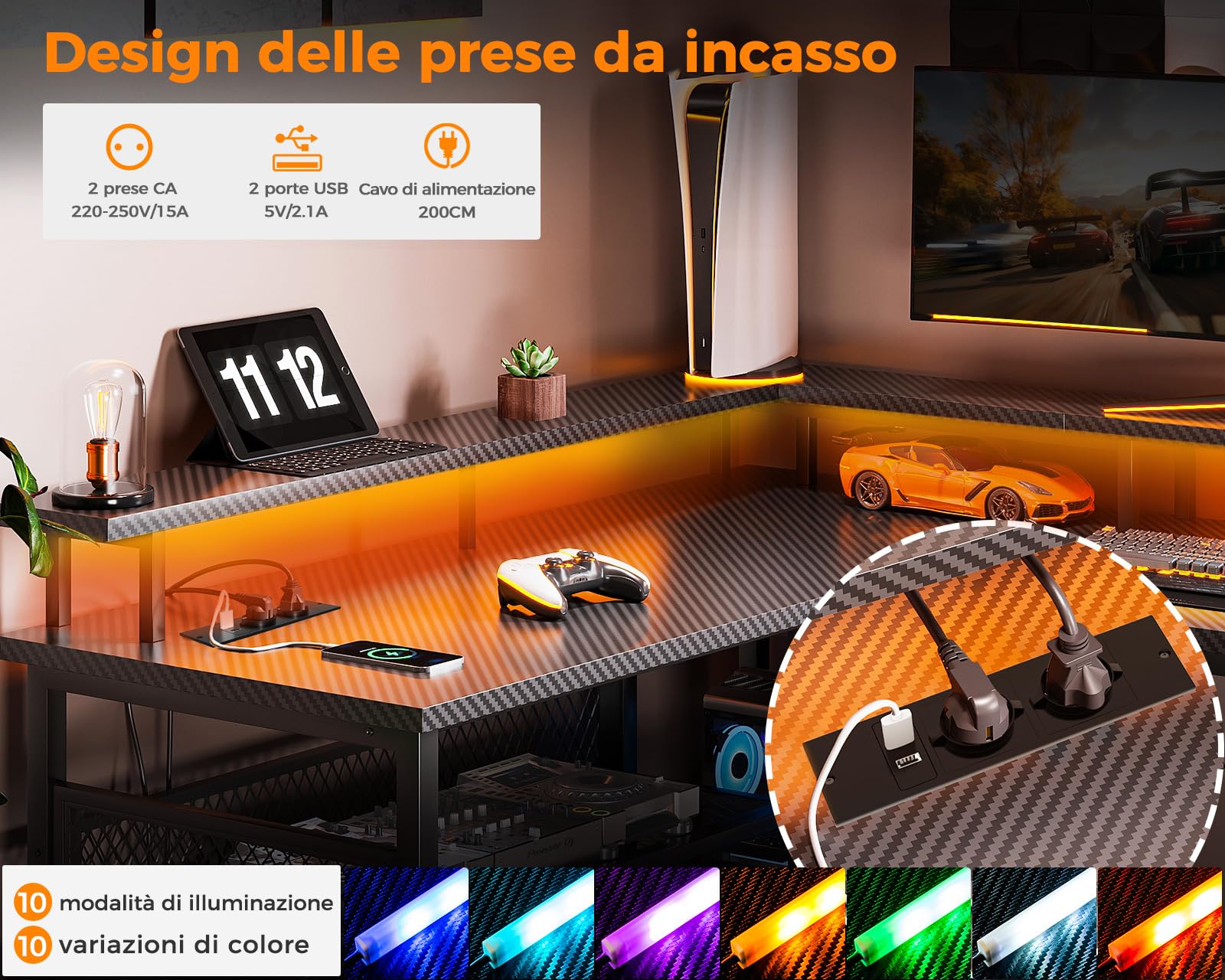 ODK Scrivania Gaming con LED, 168×120cm, Carbonio nero | reversibile, con scaffale e prese, scrivania angolare con vano portaoggetti e spazio