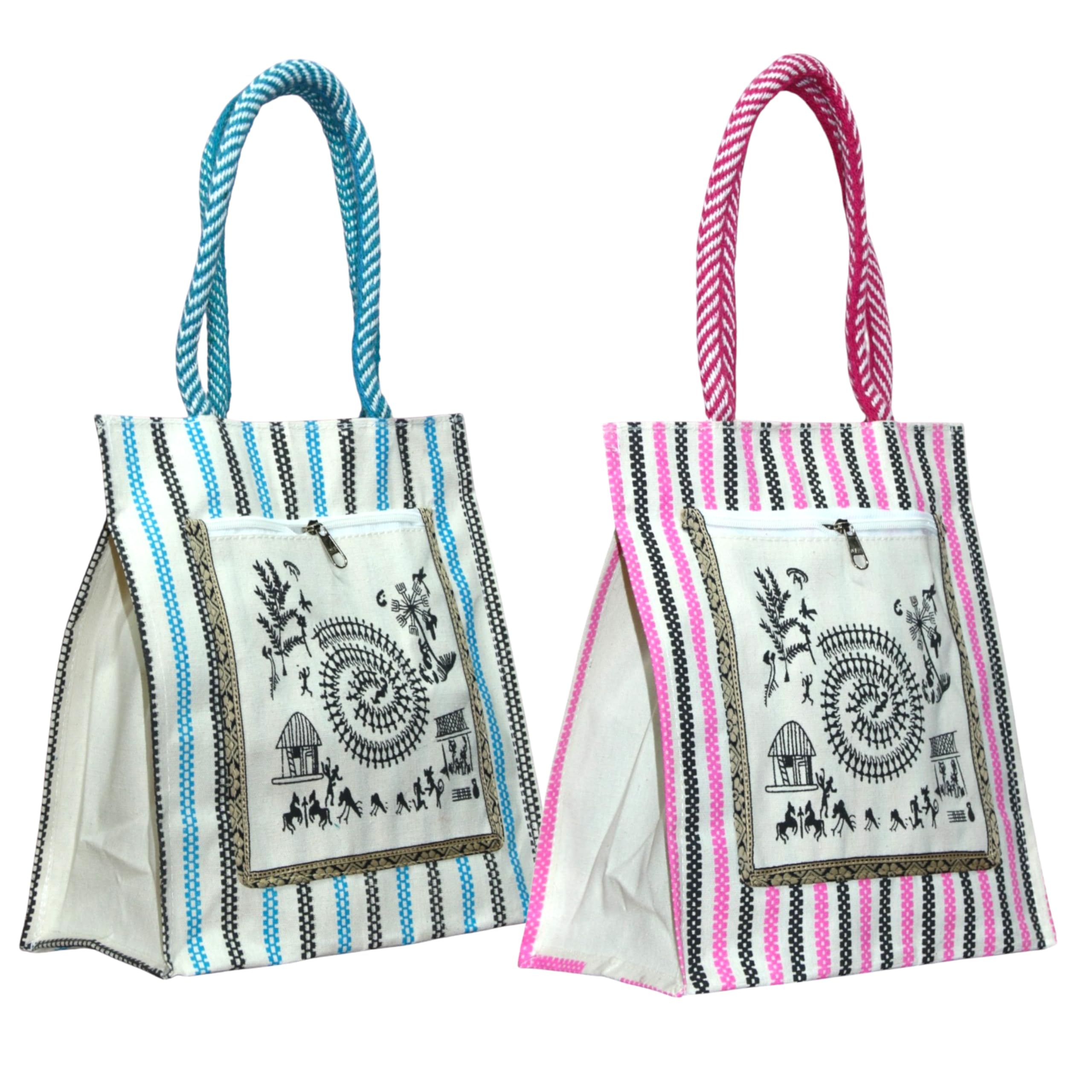 Eco-Friendly Canvas Bag with Warli Art – 11x6x12 inch – Multipurpose Tote for Shopping, Grocery, Gifting & Daily Use – Handcrafted Reusable Bag with Zip Pocket