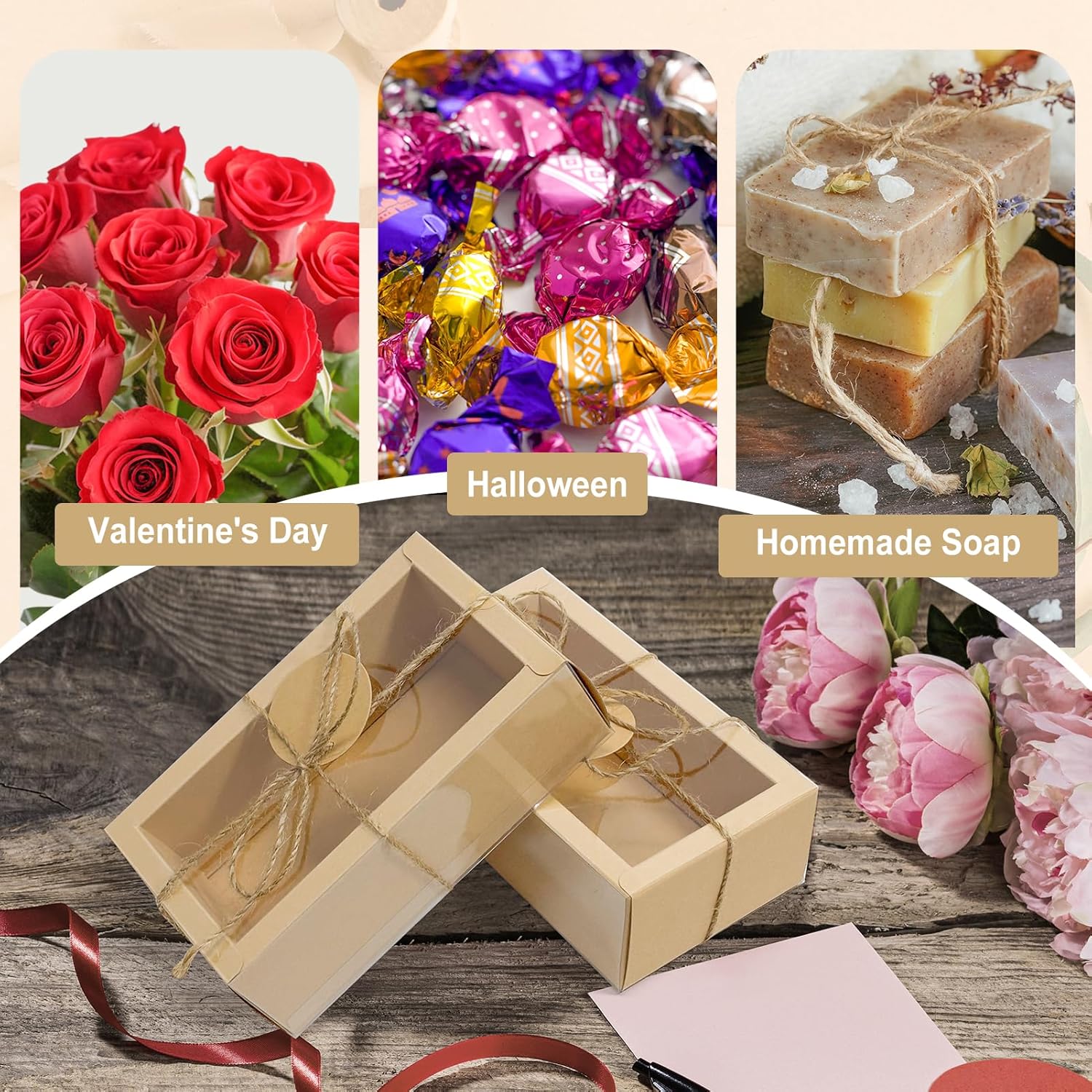 biguphate 30 Kraft Paper Cardboard Boxes Kits, Internal Dimensions 5.5x2.7x2 IN Homemade Soap Box with Blank Tags and Jute String, Small Gift Boxes for Jewelry, Candy, Wrapping Party Favor