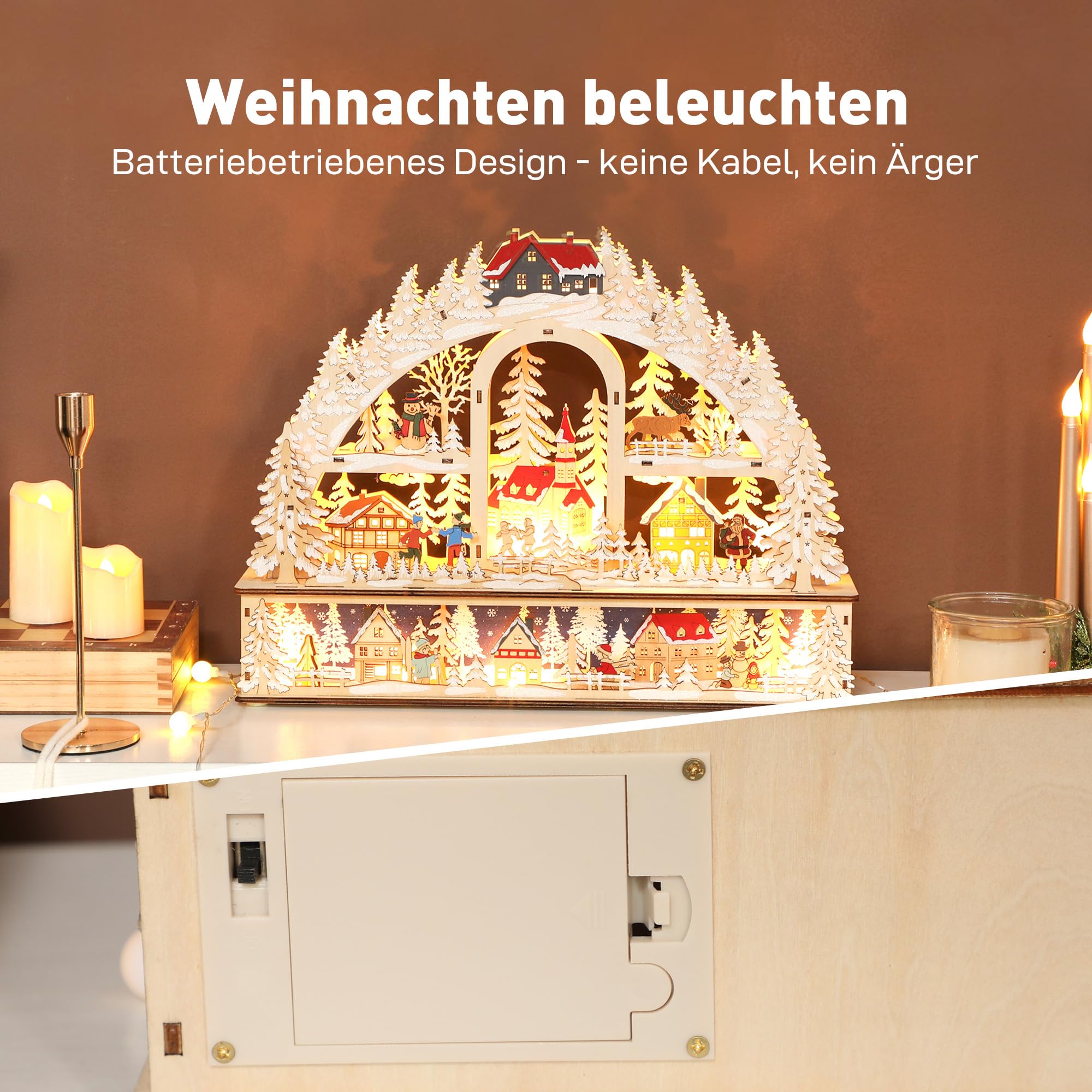HOMCOM Weihnachtsdorf mit LED-Leuchtung 45 cm Schneemann Renntier Bäume | Weihnachtsstadt, Weihnachtshaus, Winterlandschaft, Beleuchtet, Winterdorf, für Weihnachten