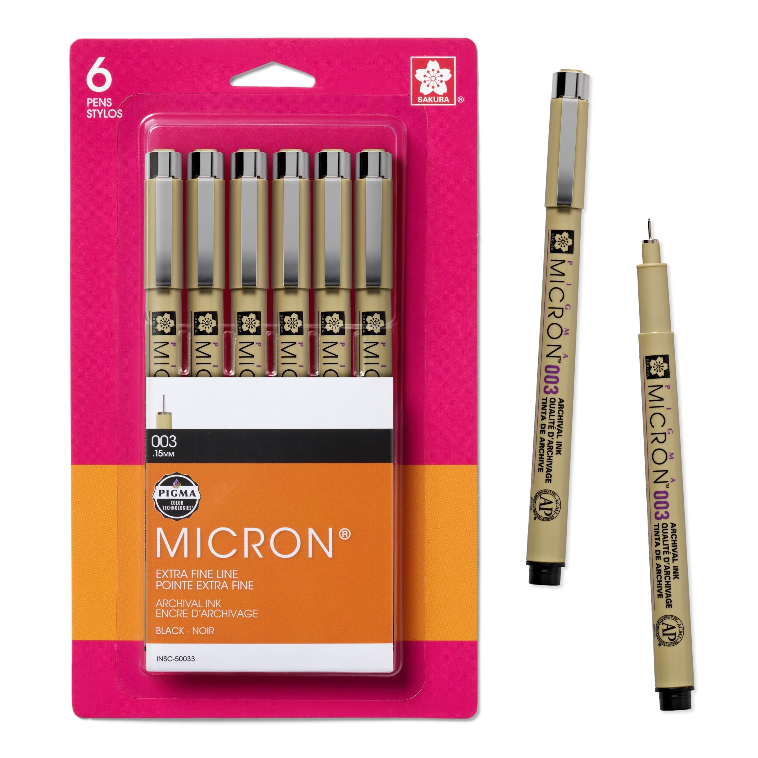 Pigma Micron Fineliner Pens, 003 Tip Size, Archival Black Ink, 6PK 50033