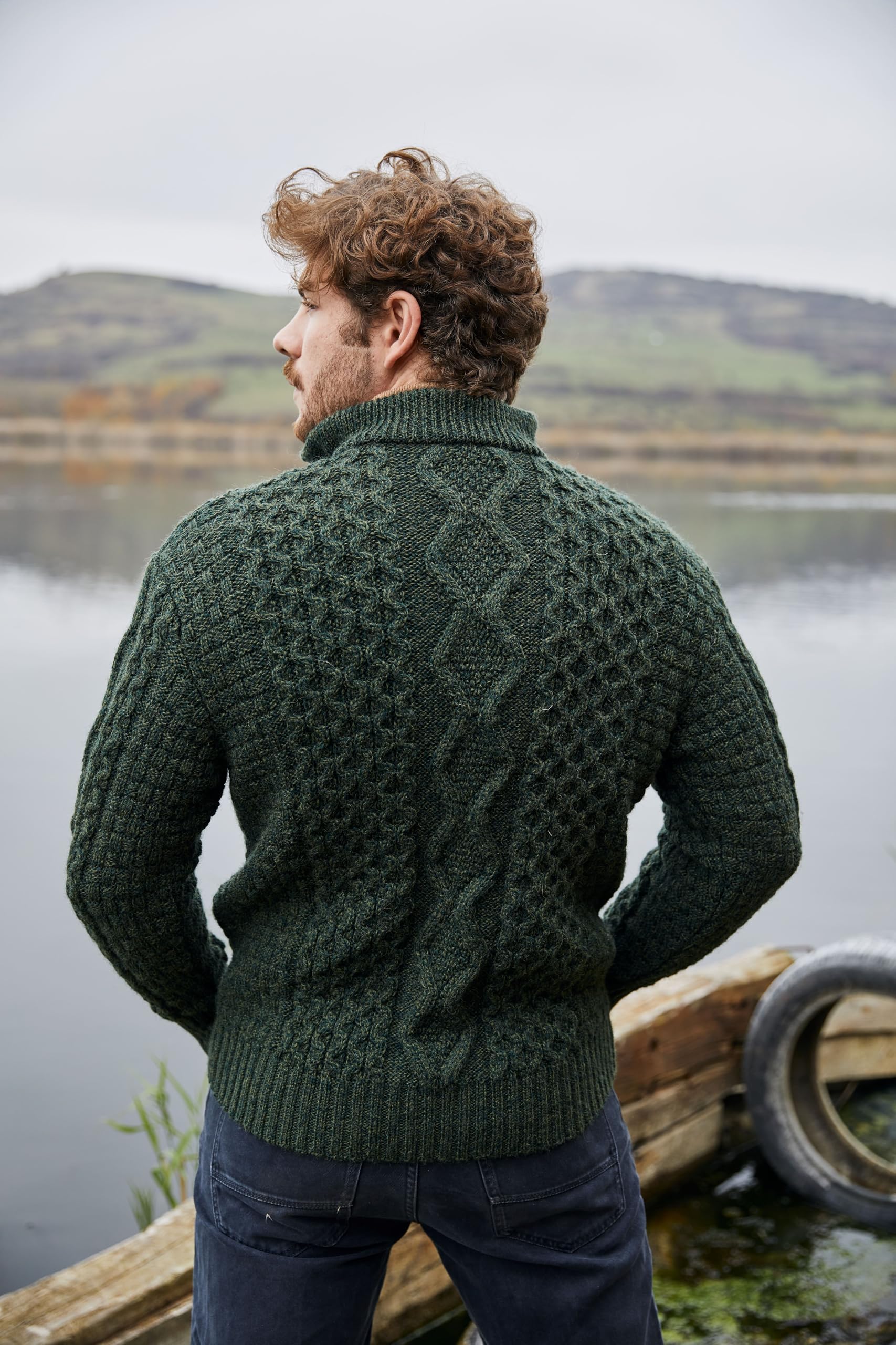 SAOL Aran - Maglione da uomo in lana con collo a zip, per pescatori irlandesi, prodotto in Irlanda