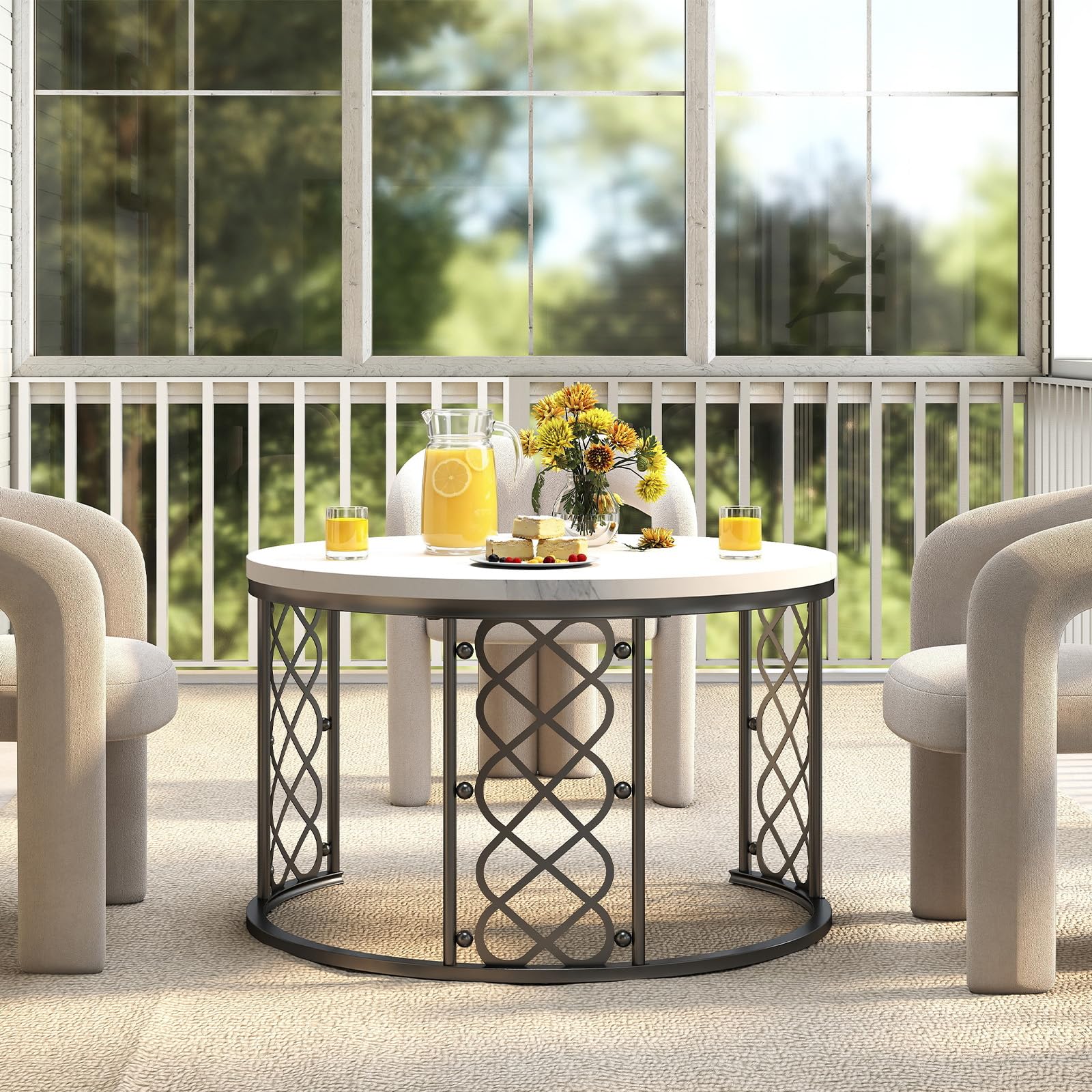 okwish 2er Set Runde Couchtische mit hohler Herz-Design-Optik, Moderne Beistelltische fürs Wohnzimmer, Weißes MDF Tischplatte für Wohnzimmer, Balkon & Büro, Schwarze Beine, 80x45 cm