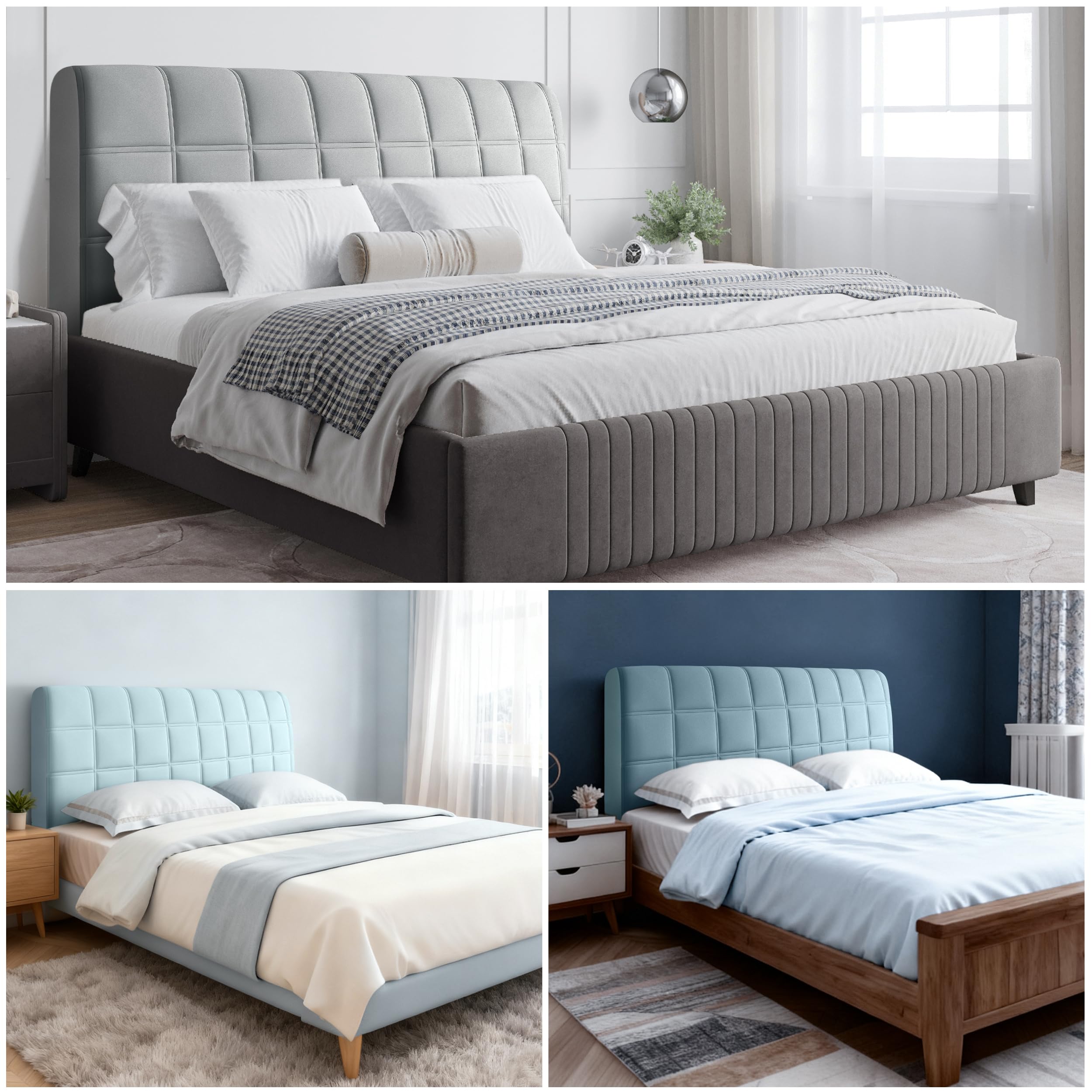 Songella Housse de Tête de Lit Carrée Protecteur Housse Tete De Lit Épaisse Matelassée Housses pour Tête de Lit Chambre à Coucher Gris Clair 200cm