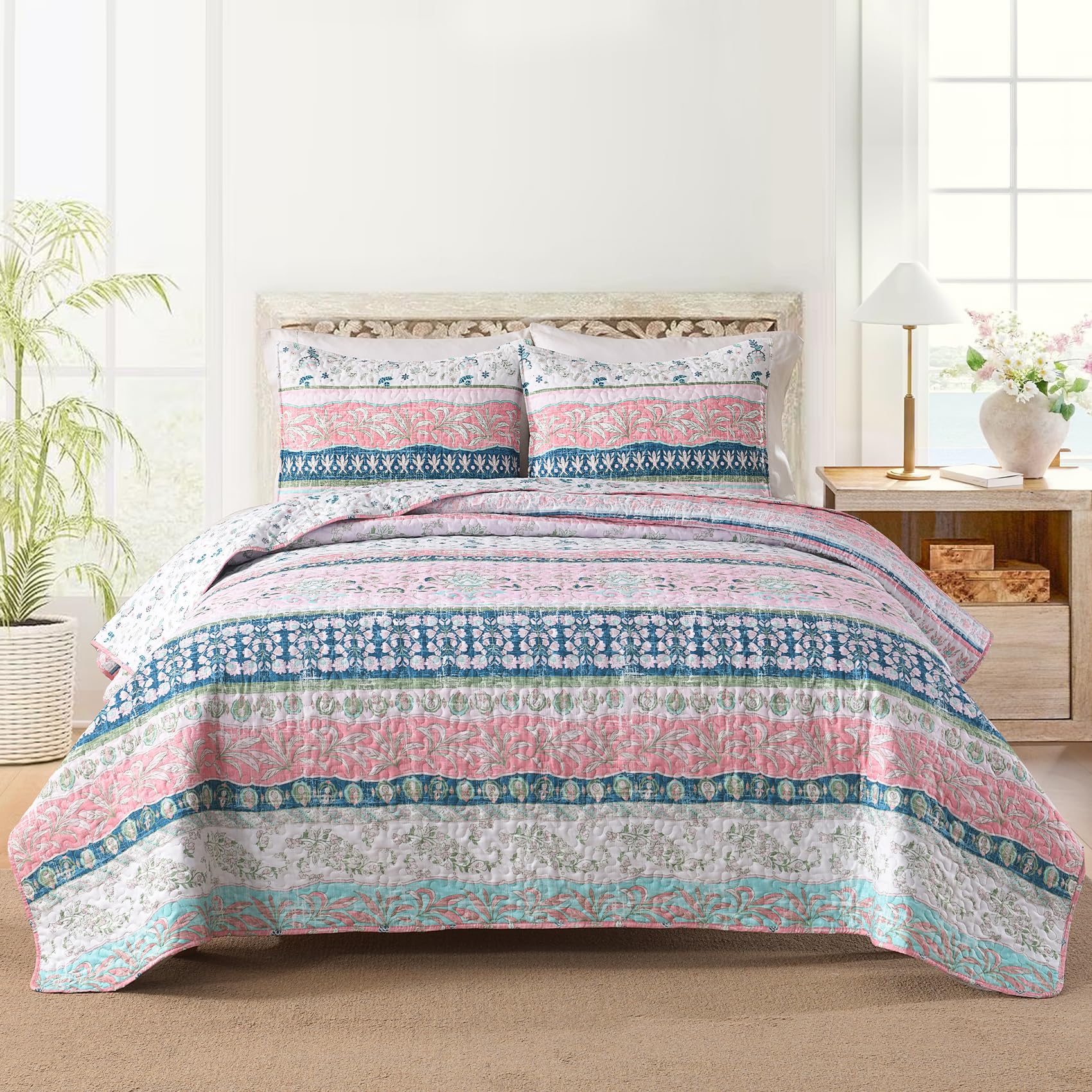 HORIMOTE HOME Boho Style Queen Quilt Set Pink Bohemian Floral Strip Quilt Beddding Set, Soft and Lightweight Bedspread for All Season, Full Size Bed
