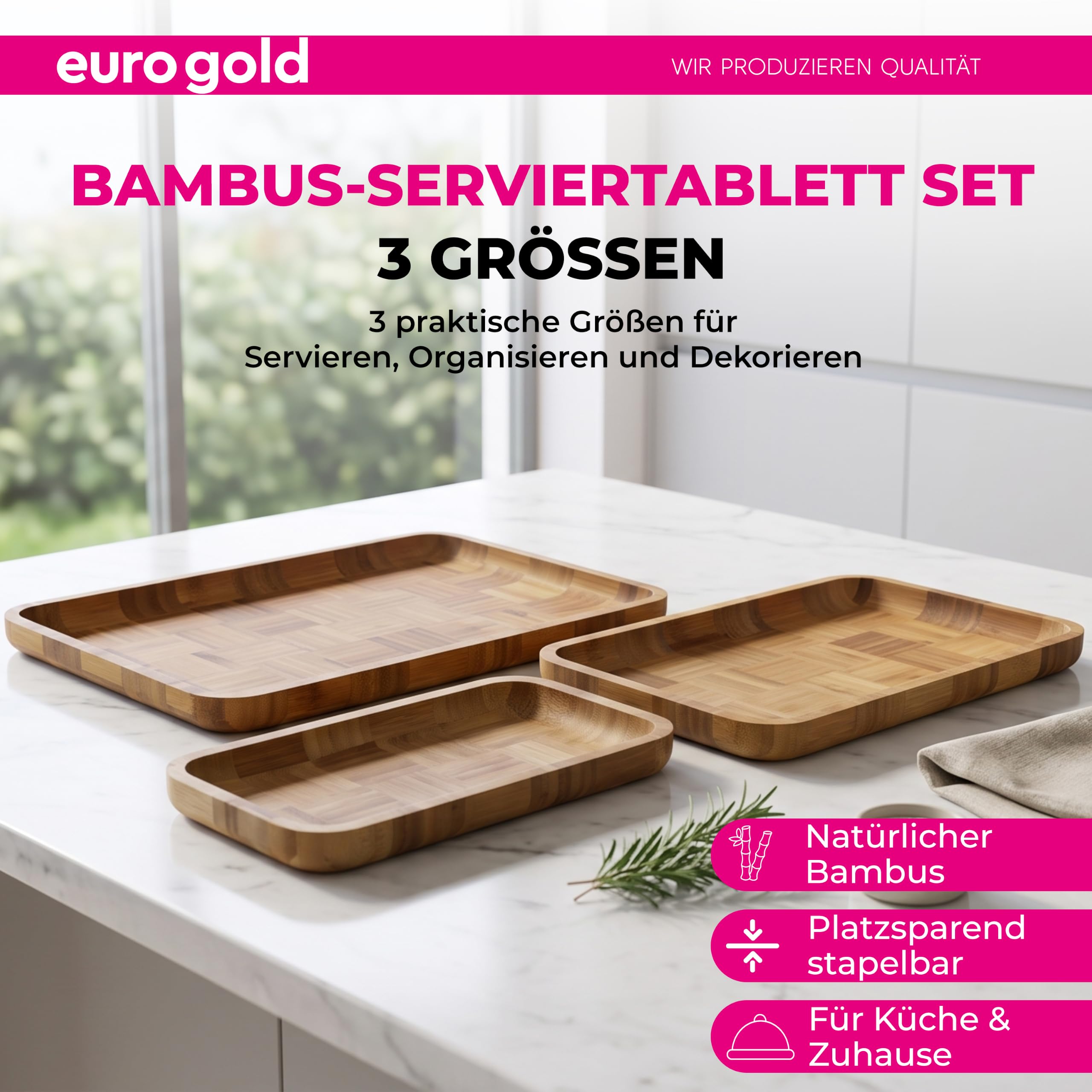 EUROGOLD Bambus Tablett rechteckig 3er Set für Küche & Tisch