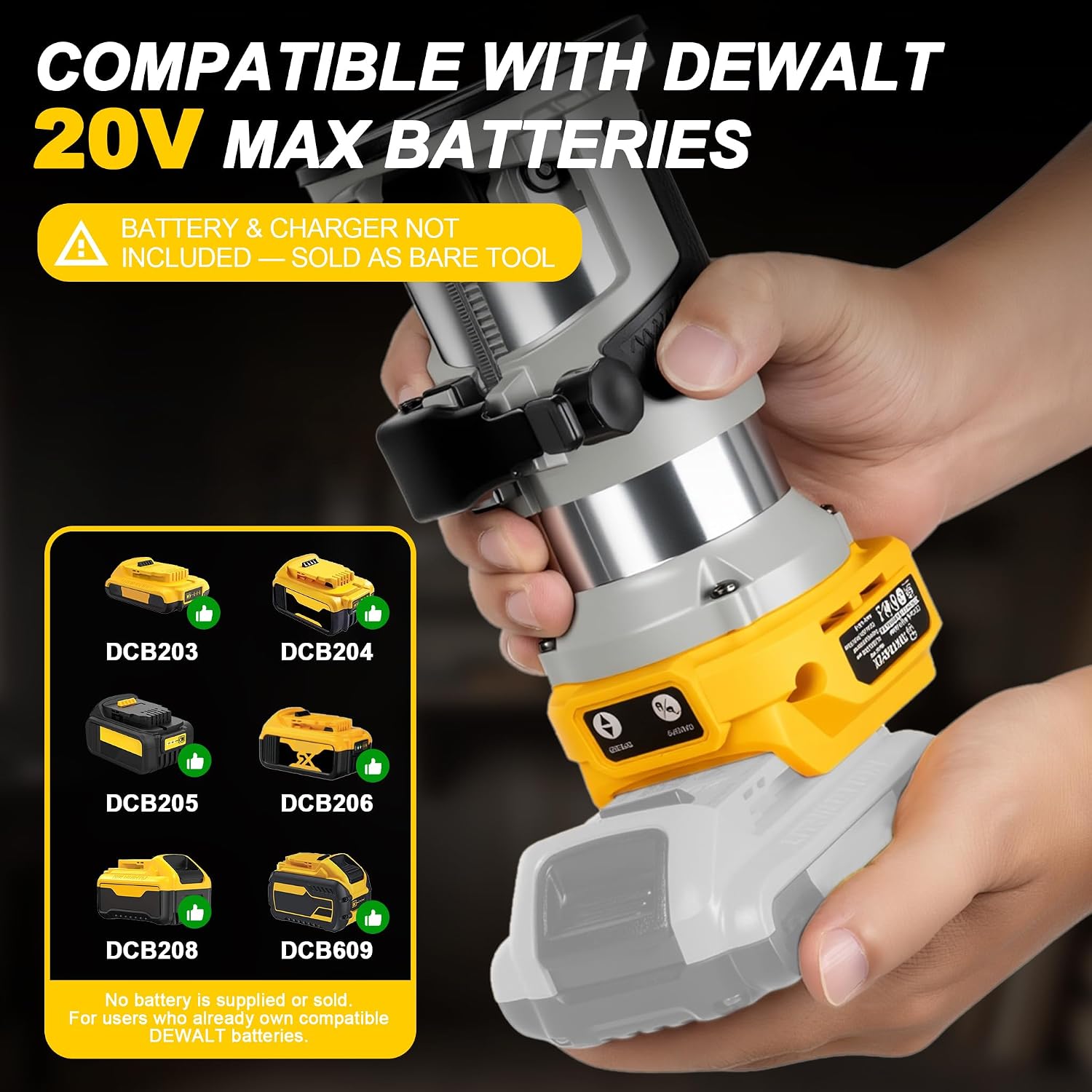 Cordless Compact Router 1000W Brushless, Compatible with DEWALT 20V Battery | 6‑Speed Variable Wood Palm Trimmer with Edge & Roller Guide, Aluminum Guard, Dust Collection Port & 6 Bits (Tool Only)