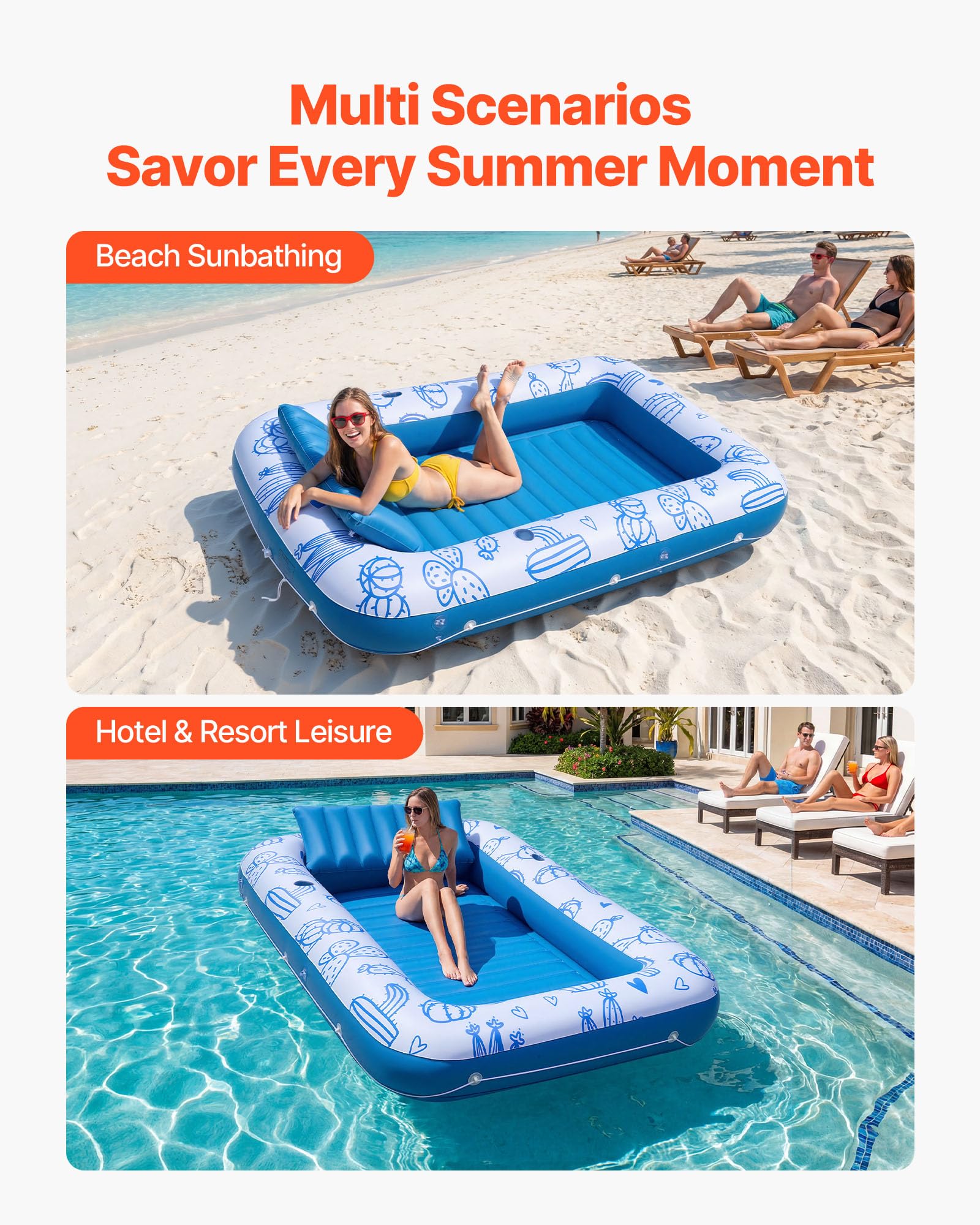 VEVOR Flotador Inflable para Piscina con Toldo 209x140cm, Colchón Hinchable para Tomar Sol para Adultos, Capacidad de 250kg, con Almohada, Soporte para Teléfono y Portavasos para Disfrutar del Agua