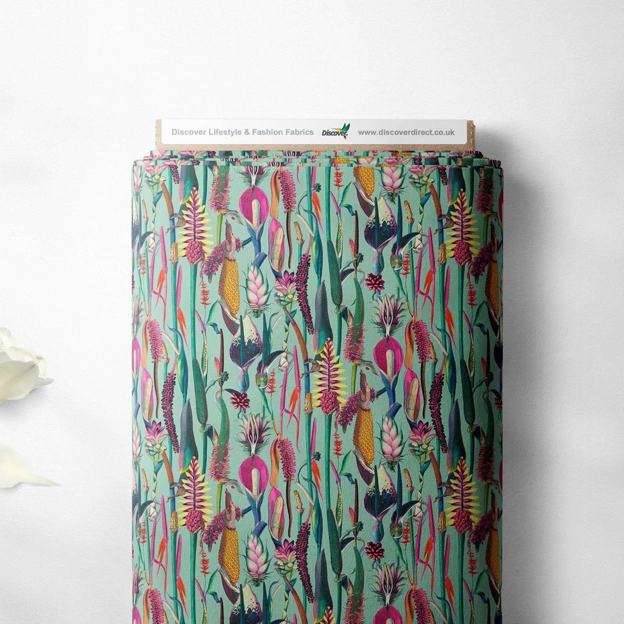 100% Cotton Exotic Jungle Forest Novelty Printed Design Quilting Kids Craft Dress Quality Sewing Premium Fabric Material | 55" - 140 cm Wide (per Half Metre, Botanical Duck Egg)