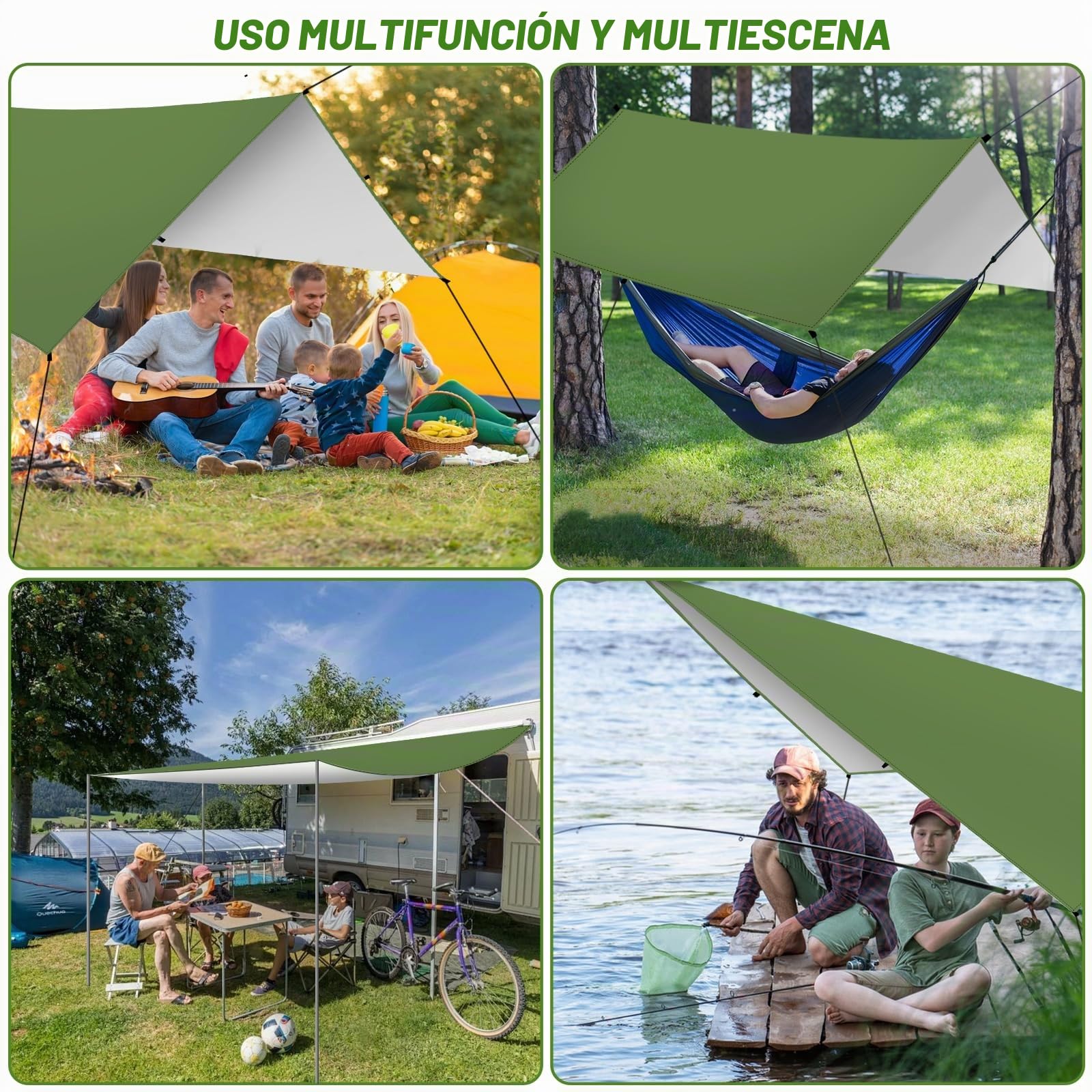 Toldo de Refugio Impermeable 3X3M,Ultraligero y Portátil Toldo Camping, Tienda de Campaña Hamaca Protección UV Anti Desgarro, Ideal para Acampar Senderismo Picnic al Aire Libre, Verde