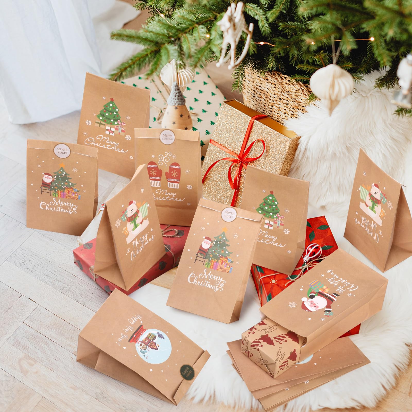 Christmas Paper Bags for Gifts Advent Calendar 24 Pack Kraft Christmas Bags with 24 Stickers - Image 4