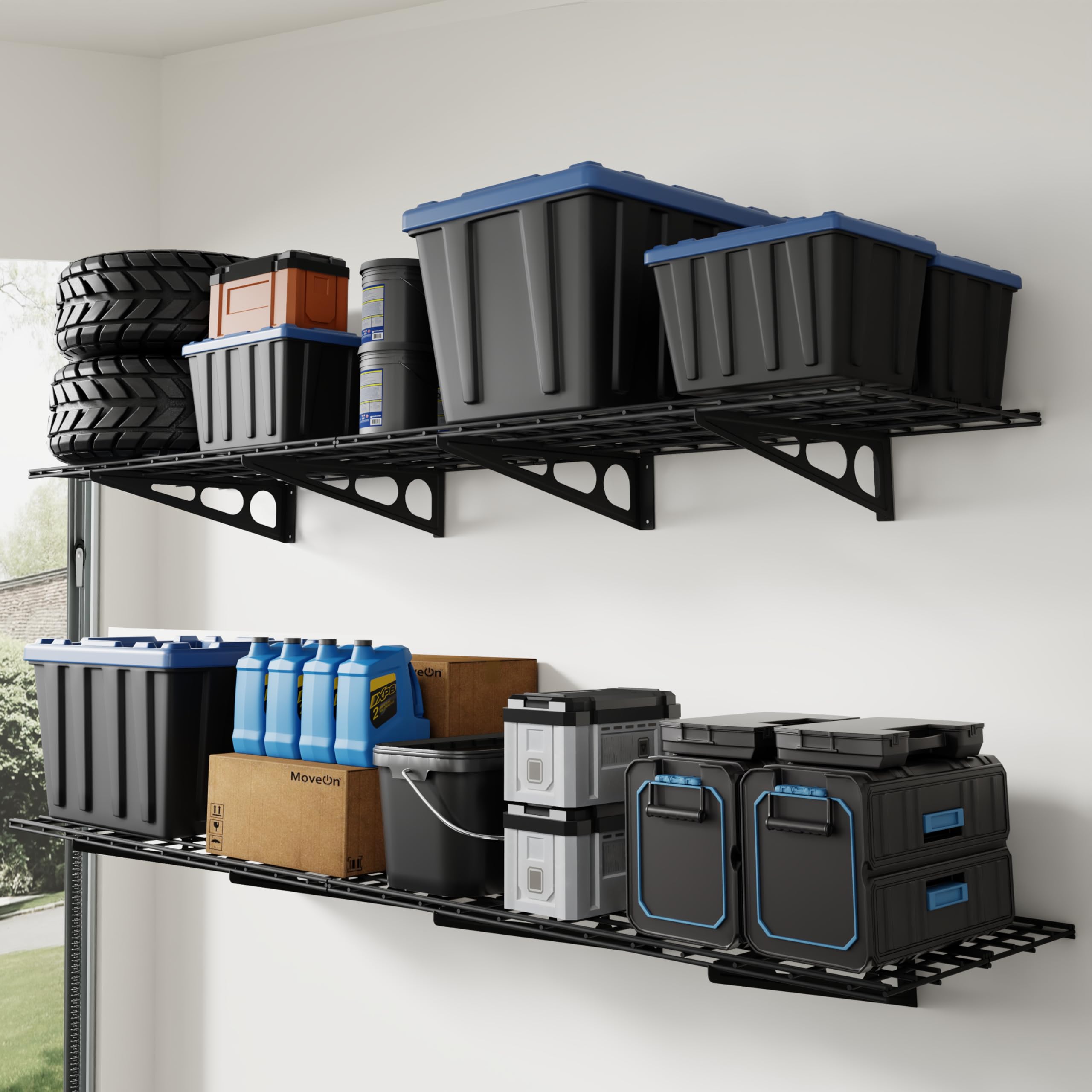 FLEXIMOUNTS 4-Pack 2x4ft 24-inch-by-48-inch Wall Shelf Garage Storage Rack Wall Mounted Floating Shelves, Total 1200lbs Capacity, Black, Classic