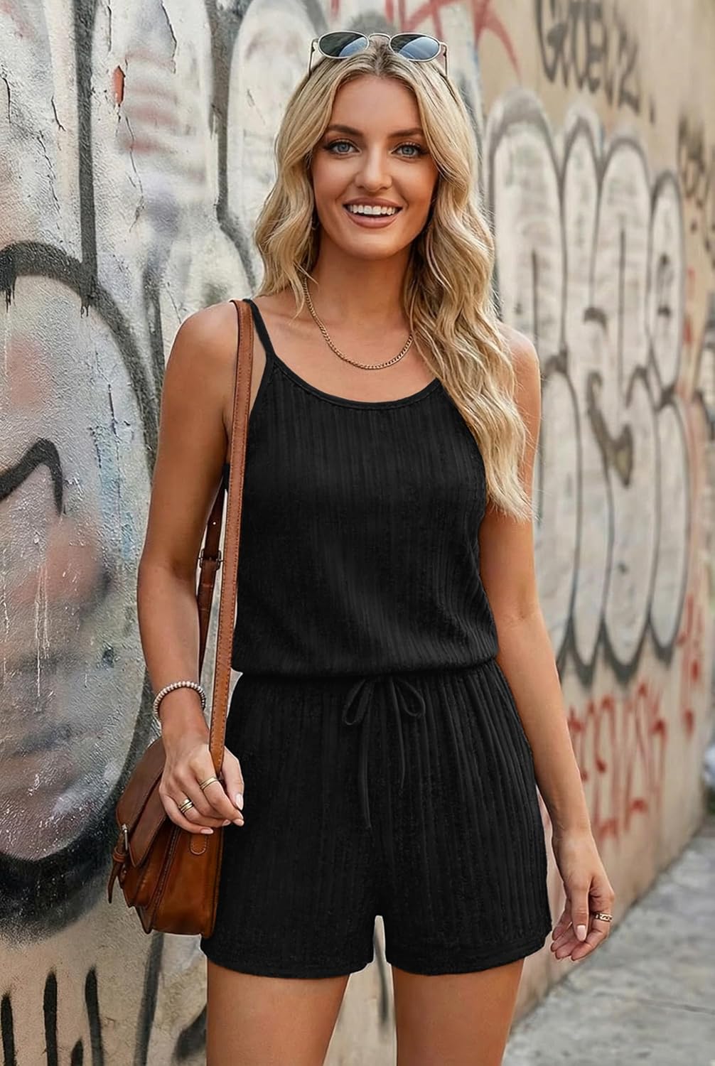 Ekouaer Rompers for Women Summer Casual 2026 Sleeveless Scoop Neck Ribbed Adjustable Shorts Jumpsuit with Pockets - Image 2