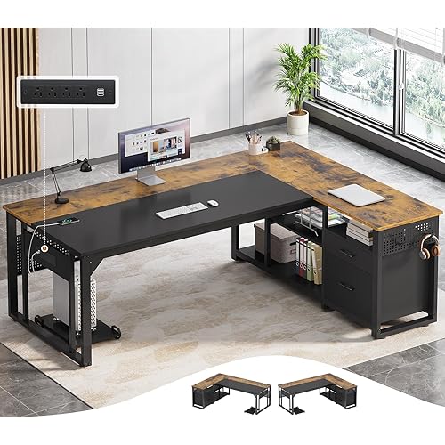 71 in Executive Desk with Power Outlets, Reversible L Shaped Desk with File Drawers & Storage Shelves, Large Office Desk Computer Desk with Pegboard, Mobile CPU Stand, Modern Corner Desk