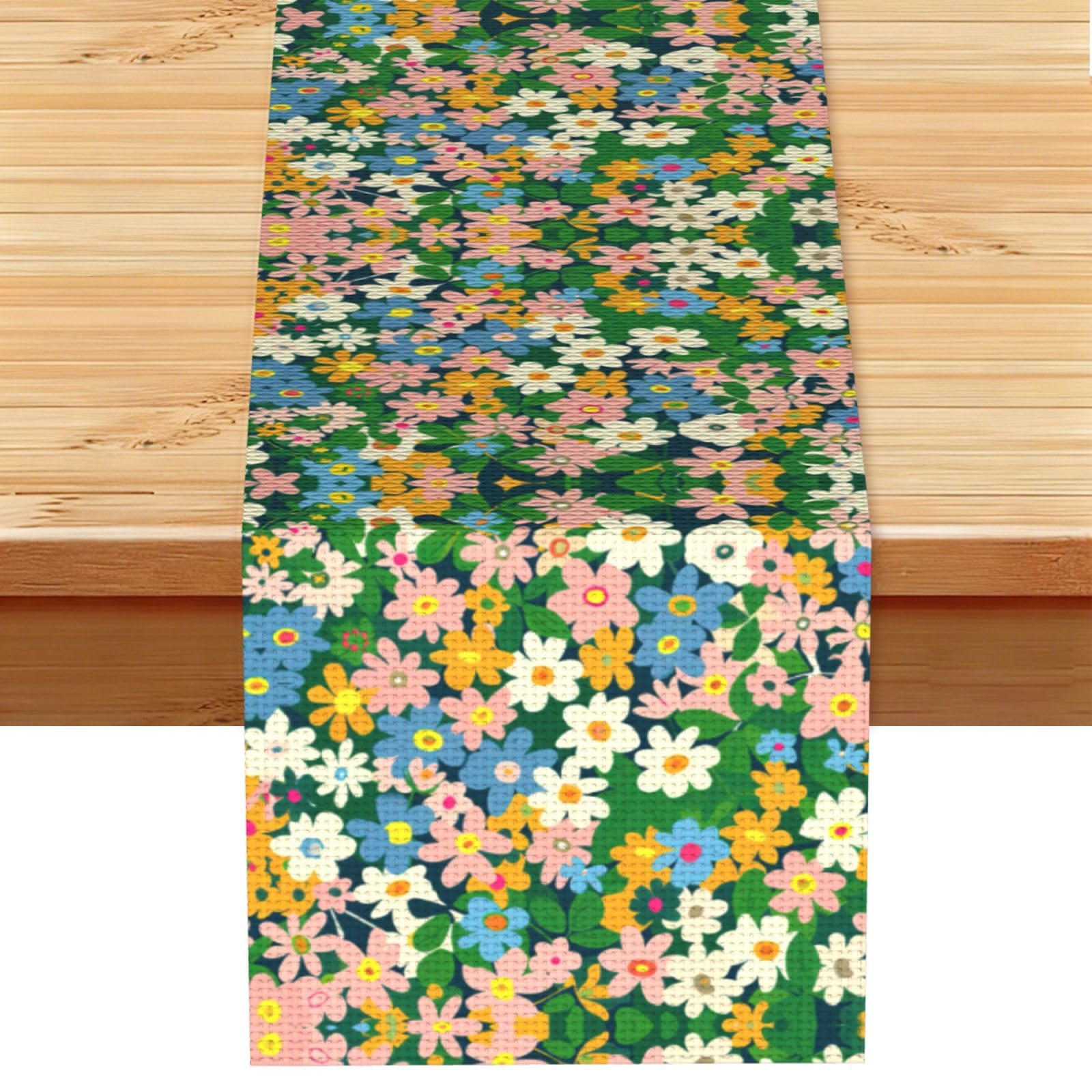 Colorful dense flower cluste Printed Table Runner 13 x 72, Wrinkle Resistant Decor for Dining Table Coffee Table Fireplace