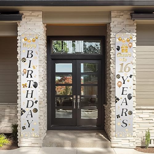 Miniatura 3 de 5665 Cartel de feliz cumpleaños 16 para porche, decoración de puerta gris con texto en inglés "Cheers to 16 años" para fiestas temáticas para niños