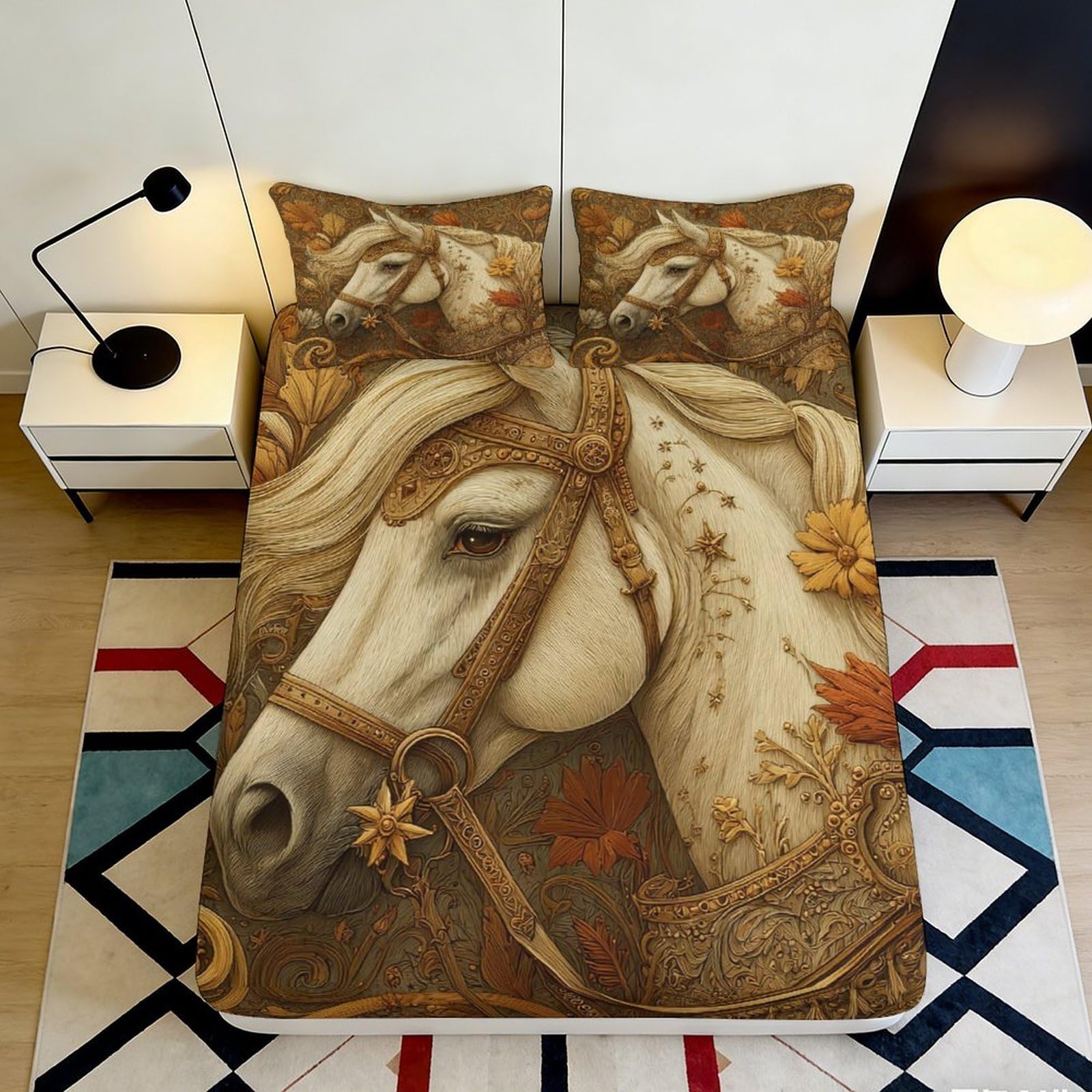 3D Printed White Horse Artistic Fitted Sheet Microfiber Soft Decorative Floral Bed Cover for Bedroom Dorm Mattress 160x200x25cm