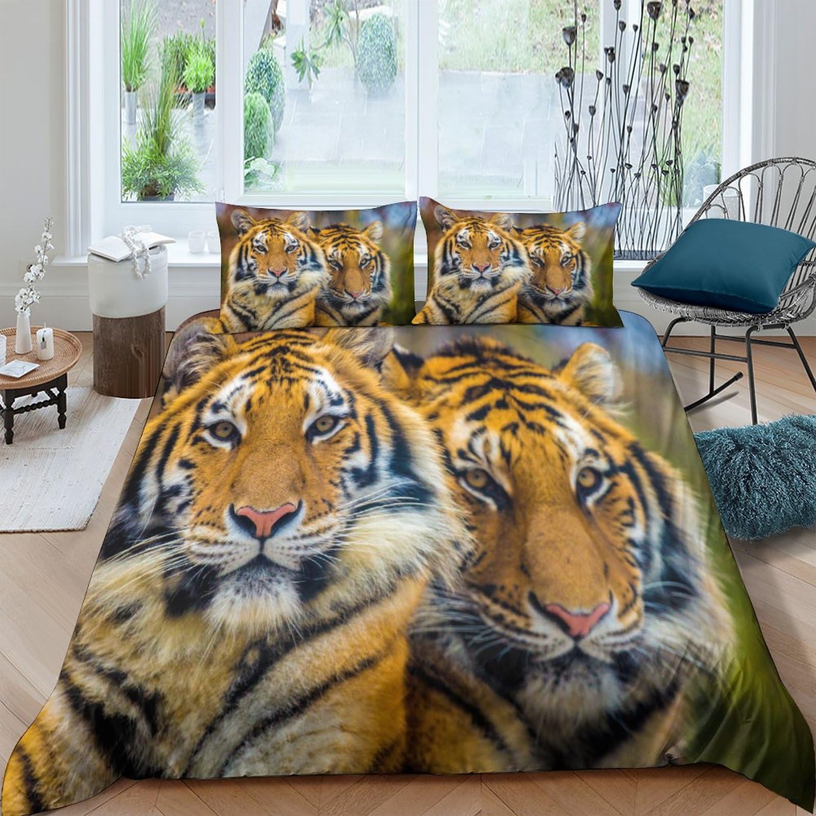 Parure de lit tigre 3D king 220x240 cm avec housse de couette en microfibre et taies d'oreiller