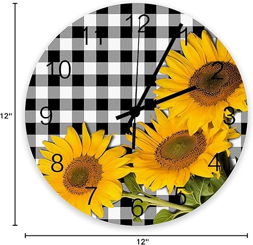 Miniatura 8 de Reloj de pared redondo silencioso sin tictac de 12 pulgadas con diseño de girasol en la granja a cuadros de búfalo a cuadros en blanco y negro,
