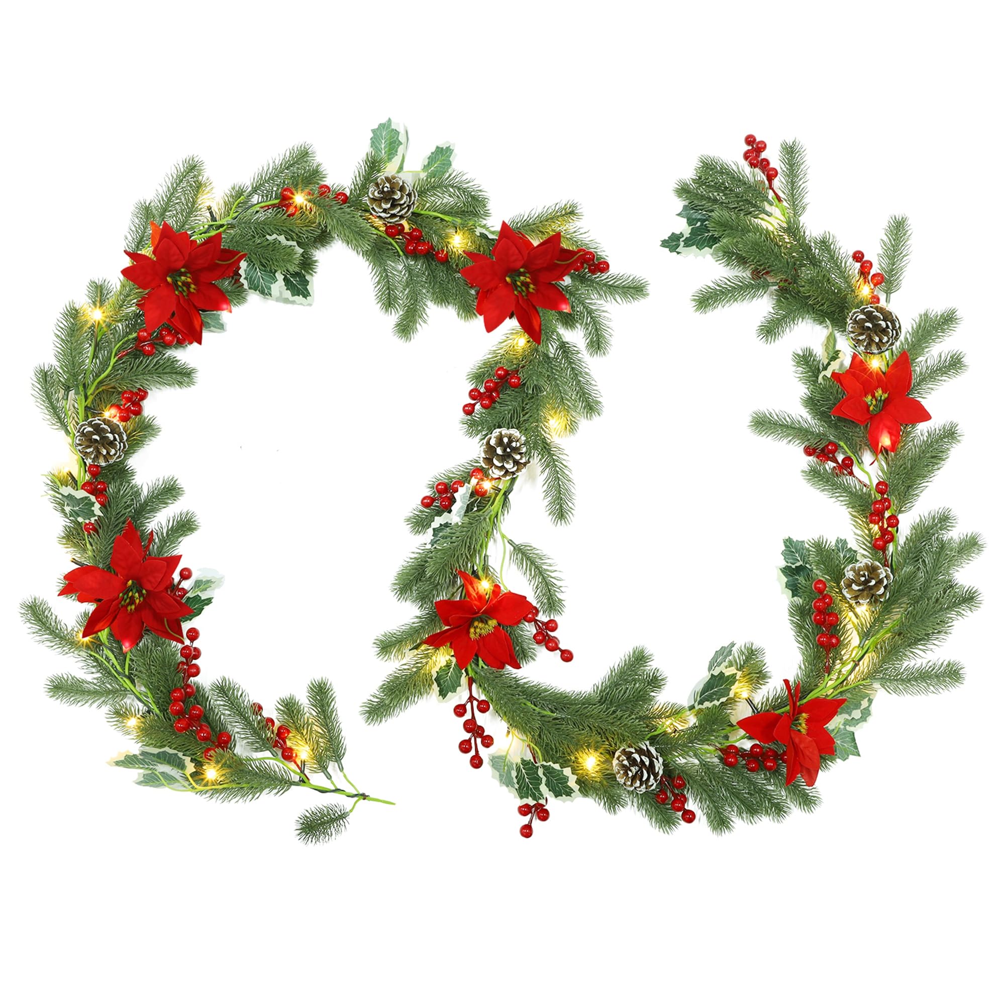 ATDAWN Guirlande de Noël de 2,7 m avec lumières, guirlande de Noël à piles, guirlande pré-éclairée avec baies rouges, pomme de pin et poinsettia pour intérieur, maison, vacances, hiver, Nouvel An