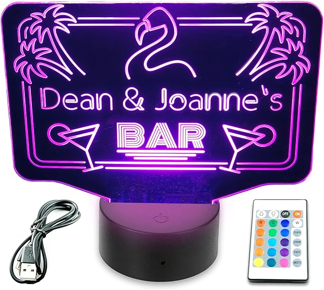 Personalised LED Neon Cocktail Flamingo Bar Sign Night Light Eighties. 16 Colour Remote Control