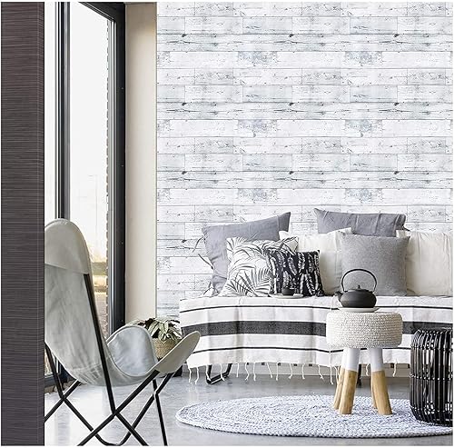 Miniatura 7 de APPIOK Papel tapiz autoadhesivo extraíble, papel tapiz Shiplap gris claroblanco, calcomanías de pared de tablones de madera envejecida, declaración