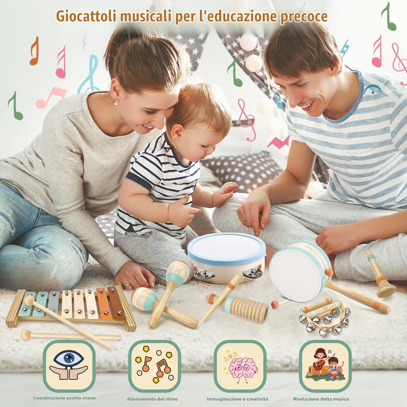 Strumenti Musicali Bambini Strumento Musicale Tamburo Bambino Montessori Giocattoli Xilofono Bambini in Legno Tambourine Percussioni per Bambini Giochi Musicali Regalo di Compleanno di Natale