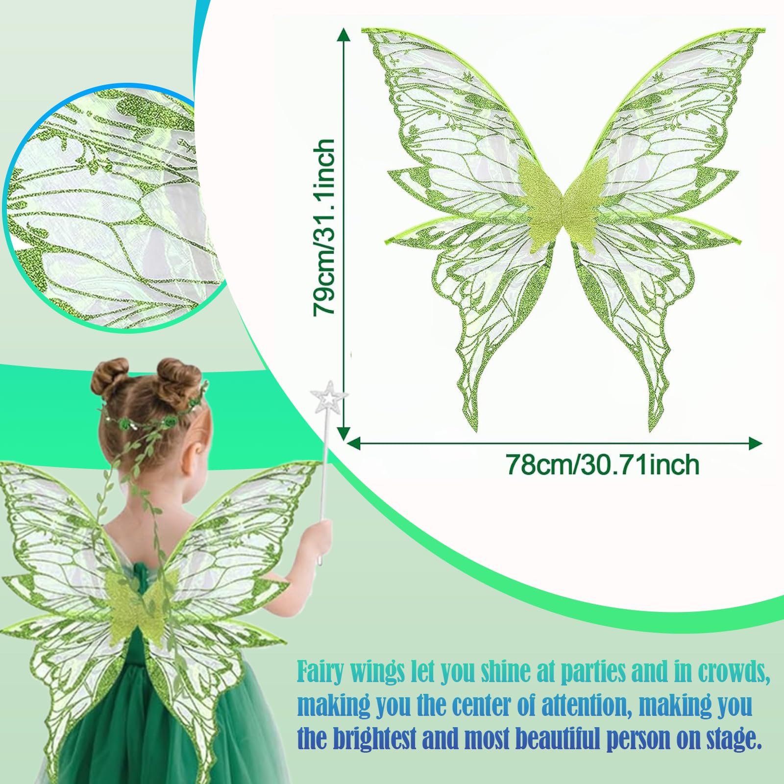Fairy Wings, 6 PCS Green Angel Costume Accessories, Butterfly Wings Adults, Sparkling Sheer Wings with Flower Headband - Image 2