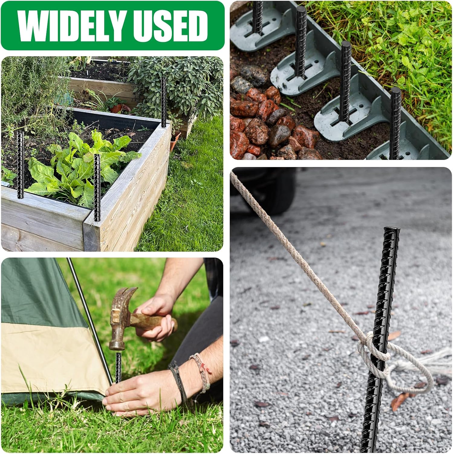 Rebar Stakes, Heavy Duty Metal J Hook Garden Ground Stakes for Camping Tent Canopy (I Shape-Black, I-16 x3/8"-4pcs)