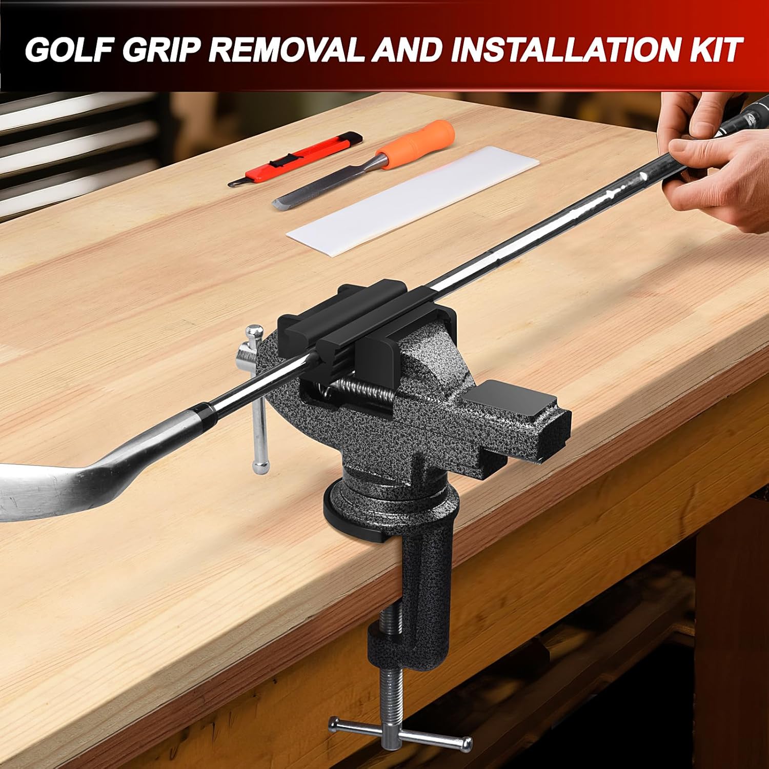 ArlinaL Golf Club Regripping Kit, Golf Club Grip Vise Clamp, Universal Table Vise Golf Shaft Clamp