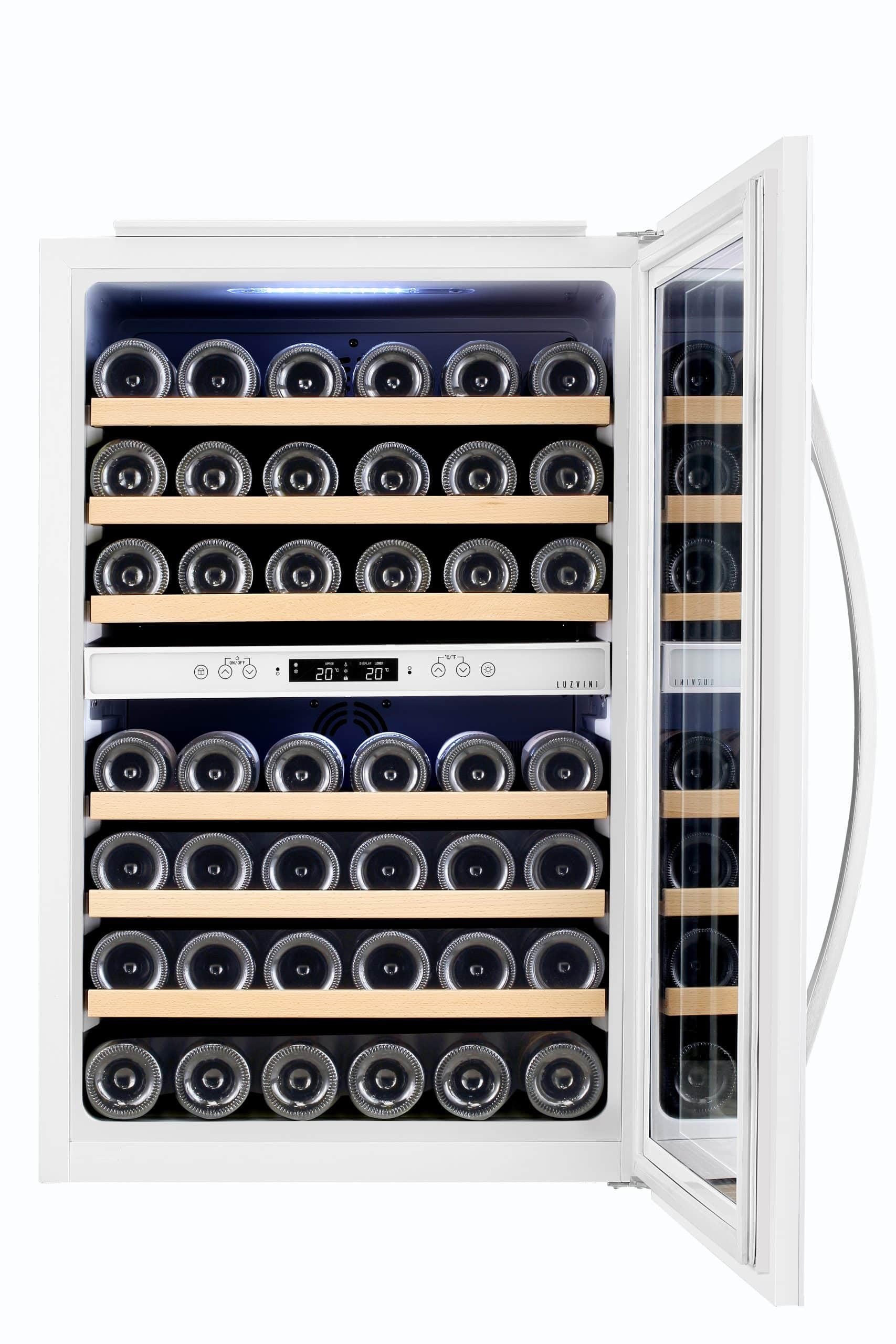 LV42W Weißer Einbau-Weinkühlschrank - Weinklimaschrank mit 2 Zonen, Vollglas-Designtür, 42 Flaschen, einstellbare Zonen von 5-20°C, Kompressorkühlung, 41dB, RVS-Handgriff