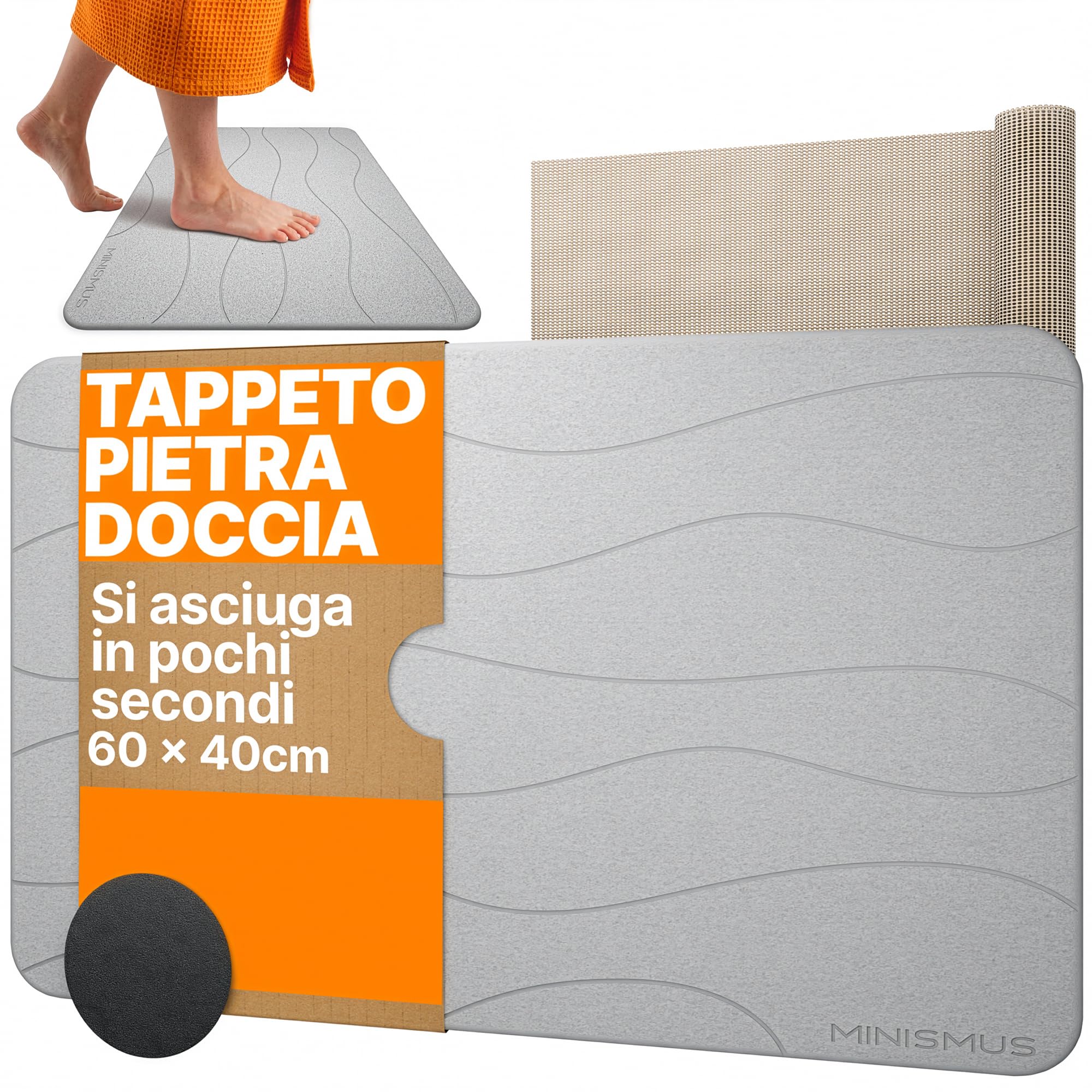 Minismus Tappeto Bagno Assorbente Diatomite - 60x 40 cm Tappetino Bagno- Tappeto Doccia Assorbente - Tappetino da Bagno in Pietra - Stone Bath Mat - Tappeto Farina Fossile Bagno