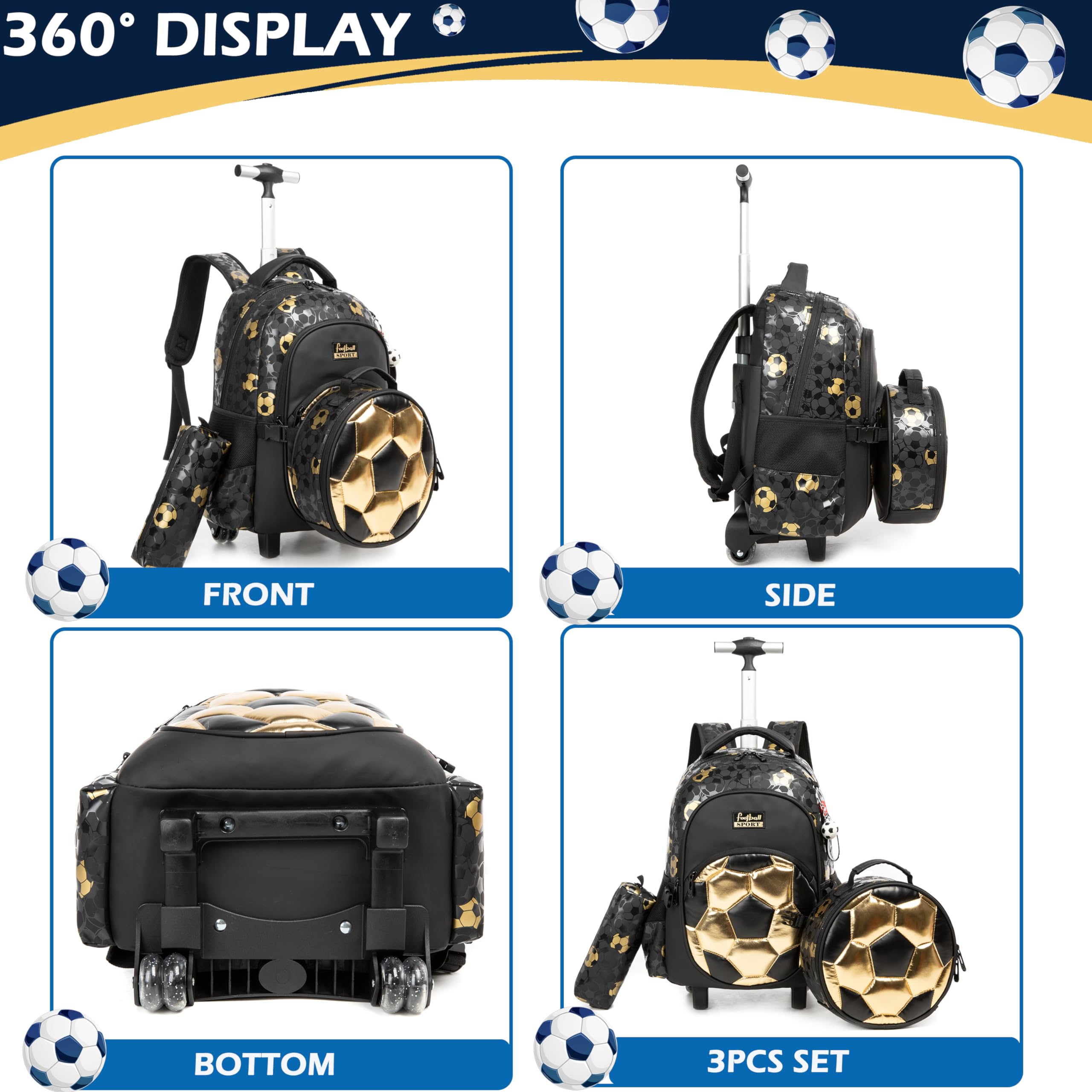 Meetbelify Sac à dos à roulettes pour garçons avec roulettes, Ballon de football noir, 16.5" x 11.8" x 7.8"
