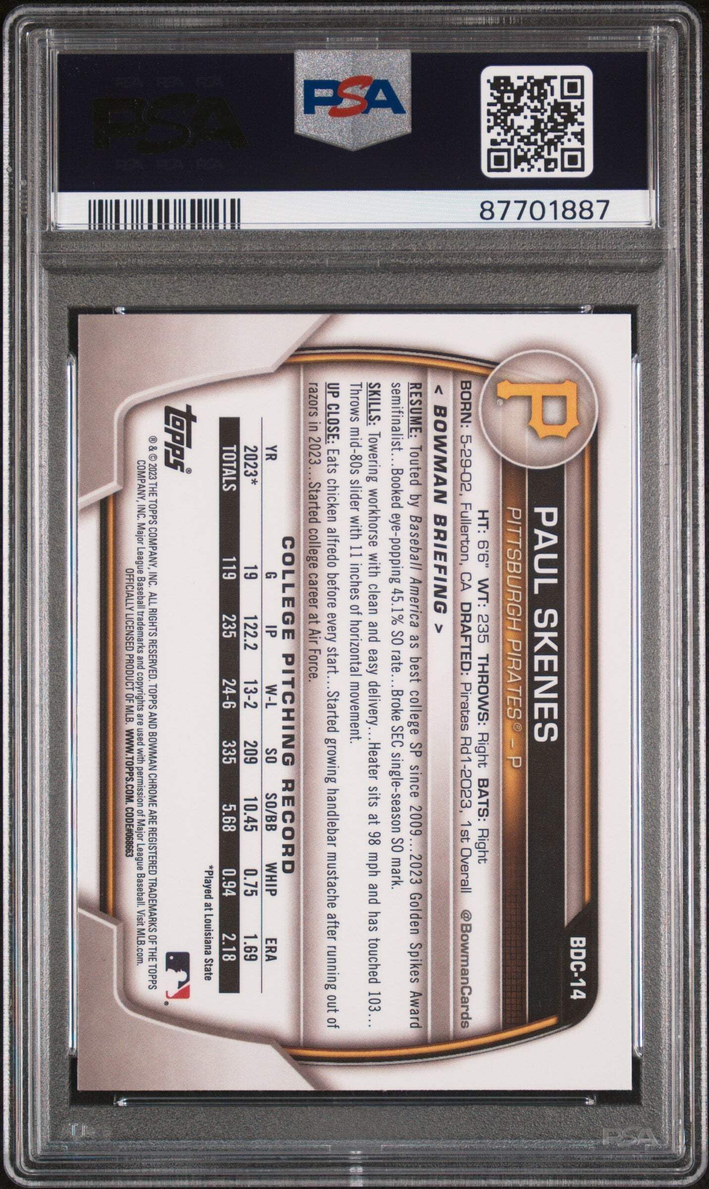 Graded 2023 Topps Bowman Draft Paul Skenes #BDC14 Chrome Rookie RC Baseball Card PSA 10 Gem Mint