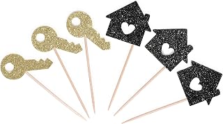 Clover Crafts 12 x Gold and black House Warming Cupcake Toppers, Welcome Home and New Home Party Decorations, Cake Picks
