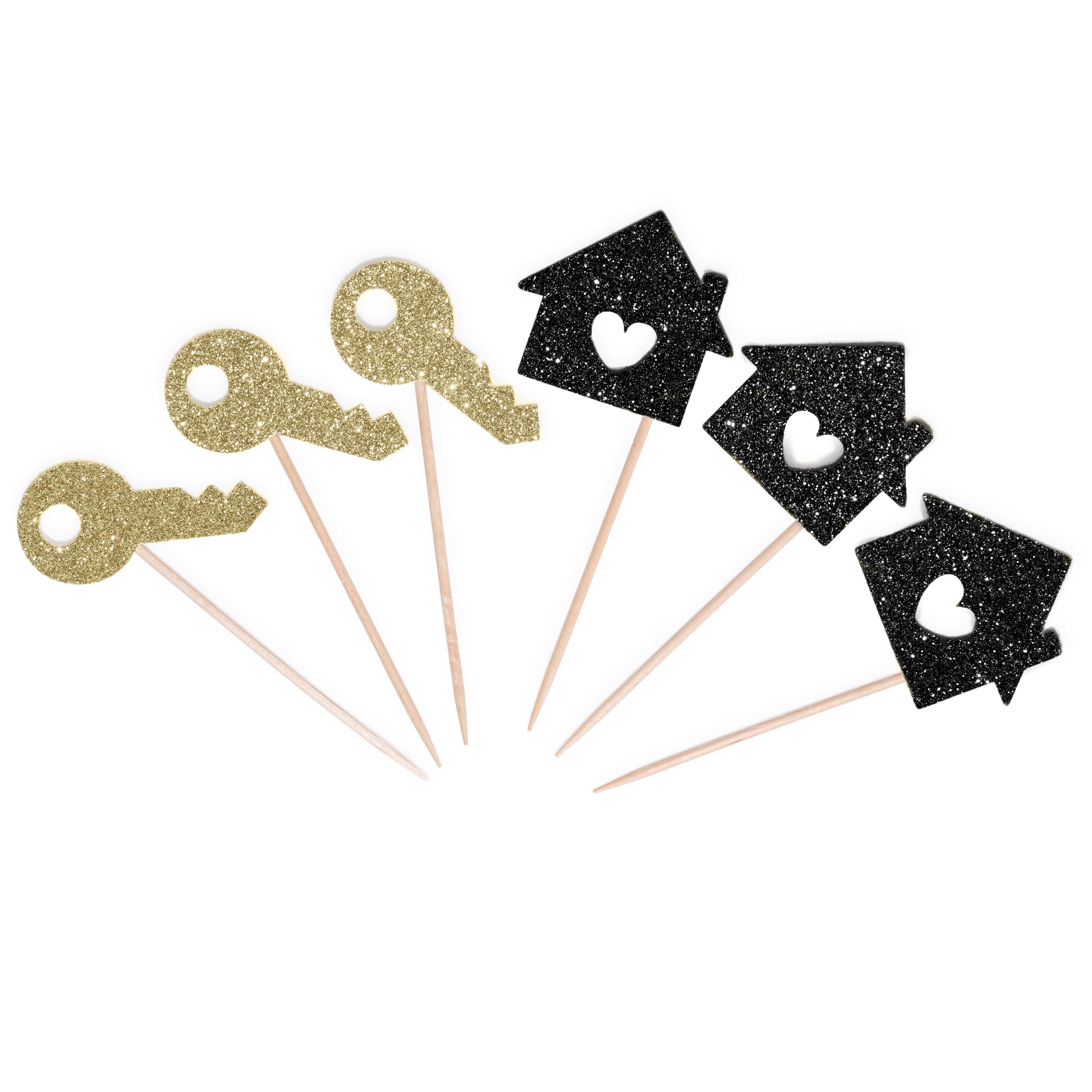 CloverCrafts 12 x Glitter Housewarming Cupcake Toppers β New Home & Moving Party Decor (Black & Gold)