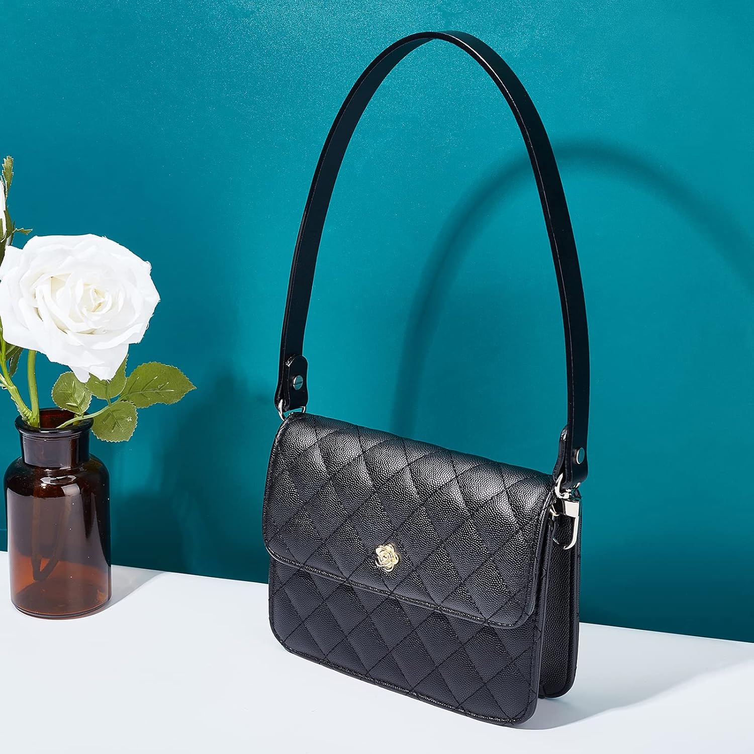 WADORN Cowhide Leather Bag Handles, 25 Inch Black Leather Purse Strap Replacement Short Handbags Handles Shoulder Bag Strap Detachable Clutches Handle with Silver Buckle for Wallet Crochet Pochette - Image 5