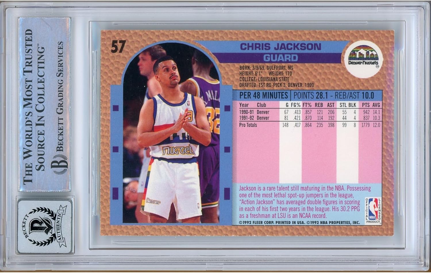 Chris Jackson Mahmoud Abdul Rauf Autographed 1992 1993 Fleer #57 Basketball Trading Card Beckett BGS Auto 10 Graded Authentic Slabbed COA Played For Denver Nuggets NBA