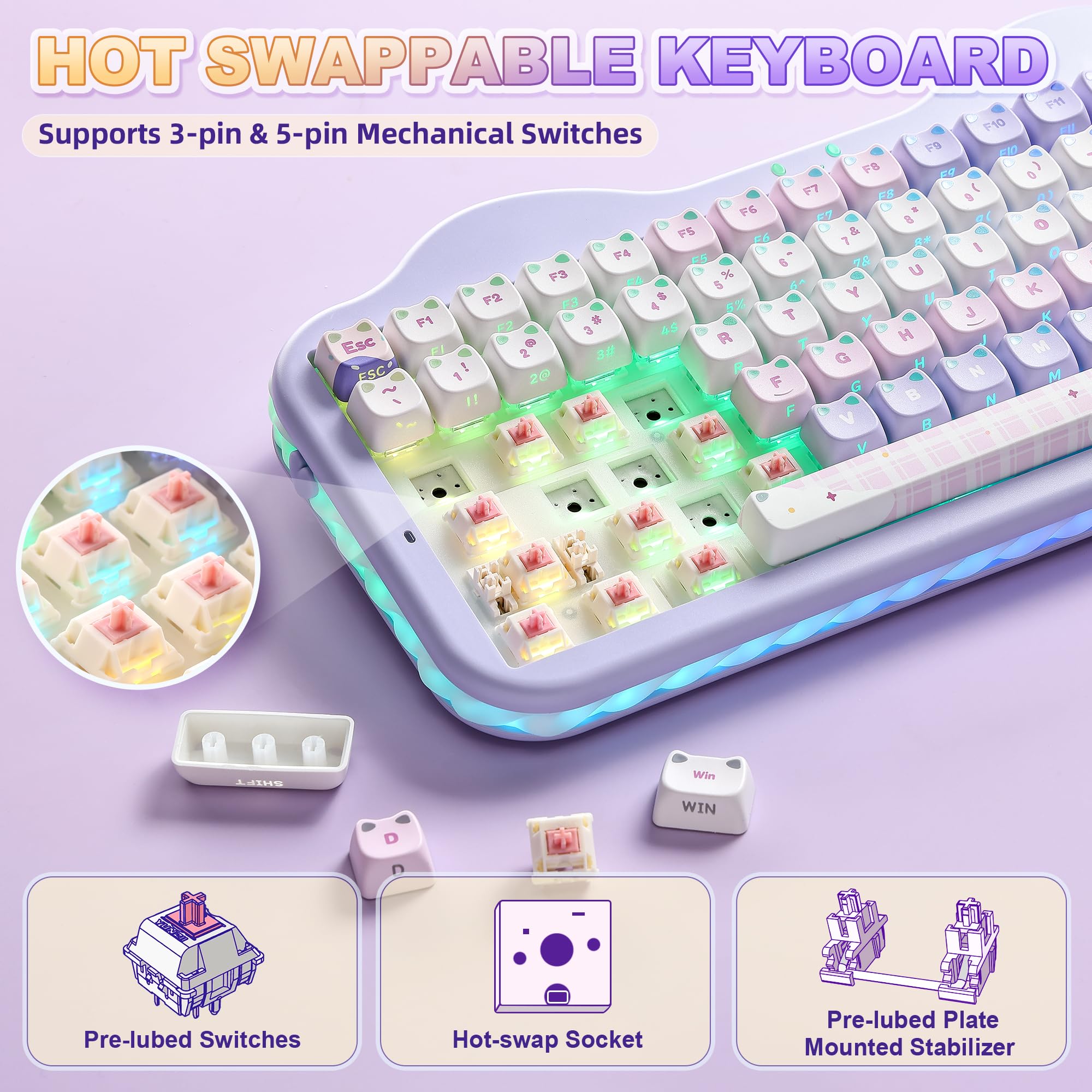 YUNZII C75 MAO Cat Tastiera Meccanica Gaming (Purple, Candy-linear) | 75% Layout, Hot Swap, BT/2.4G/USB-C, PBT Keycaps, RGB Retroilluminata, Suono Cremoso Thocky, NKRO, Cute Keyboard for Gaming