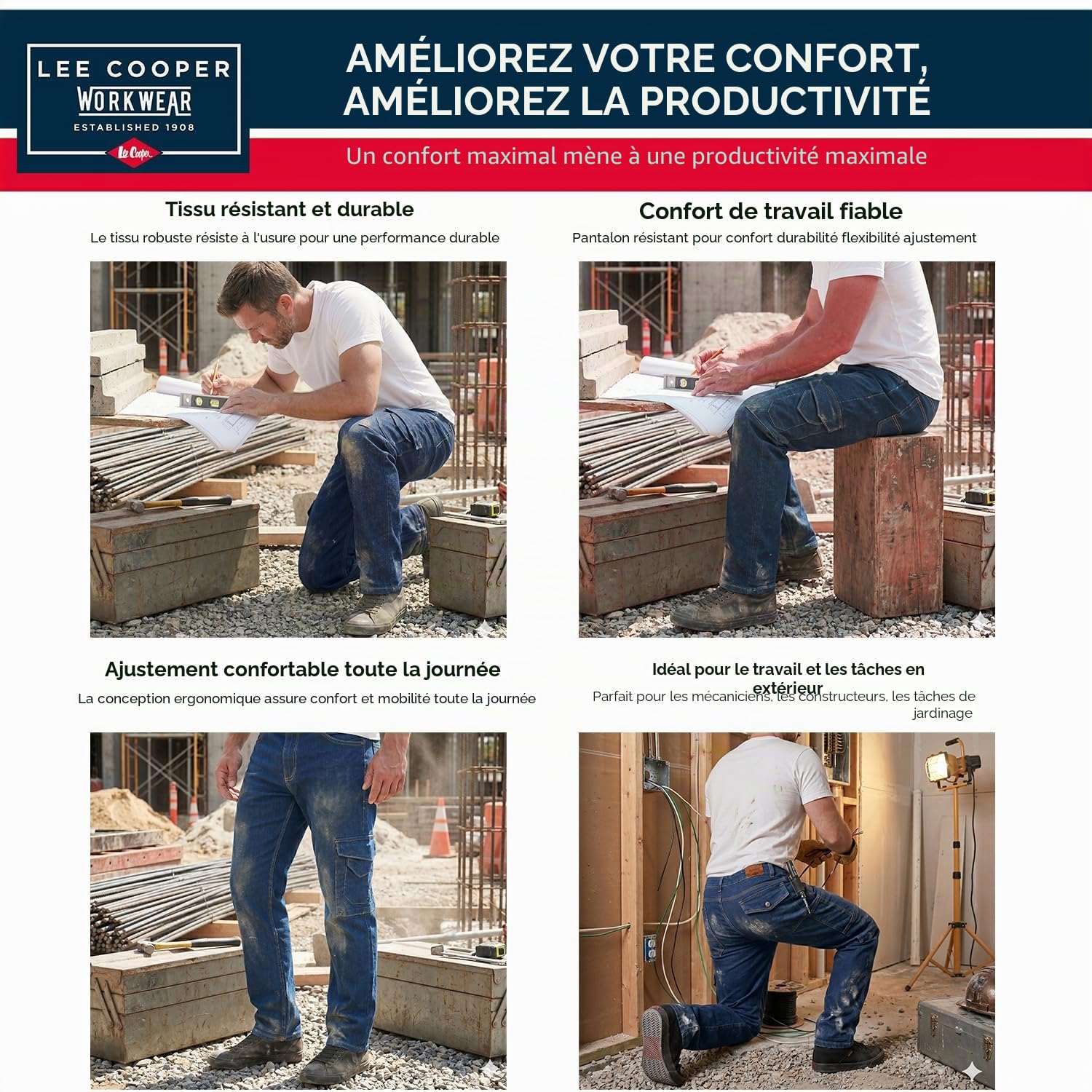 Lee Cooper Jean Cargo Homme Regular Fit – Pantalon Denim Stretch Multi Poches, Jean Travail Carpenter Résistant Workwear pour Chantier Loisirs