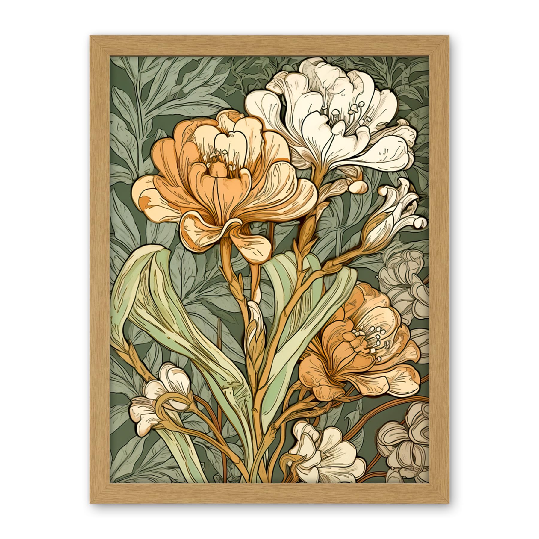 Artery8 White and Yellow Freesia Flower Blooms Watercolour Artwork Framed Wall Art Print 18X24 Inch